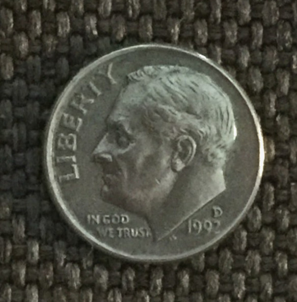 1992 D Roosevelt dime, a little dark, actual coin in picture, free shipping.