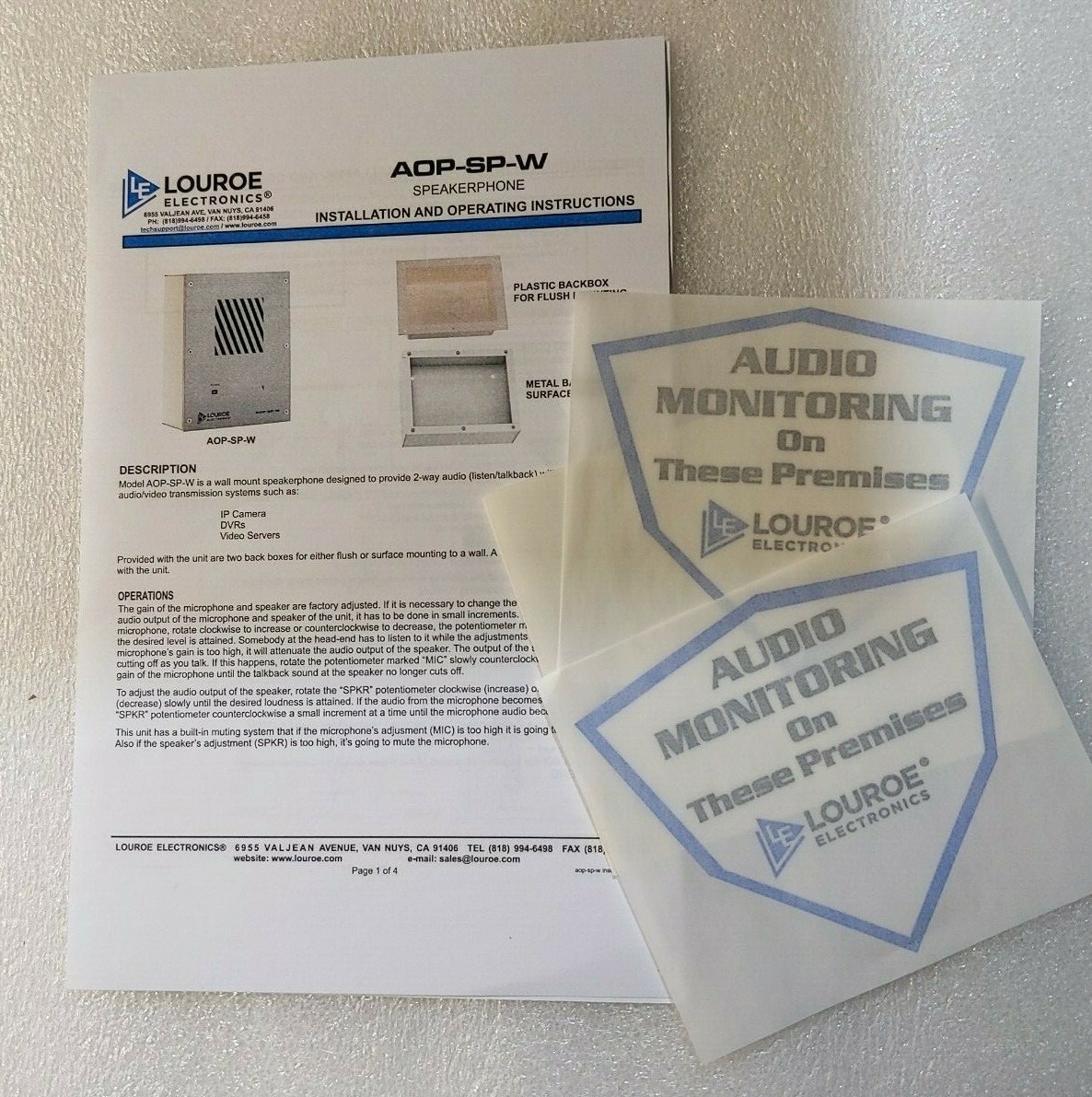 Speakerphone Module LouroeAOP-SP-W / LE-164 (2)-Way , Wall, Flush or Surface