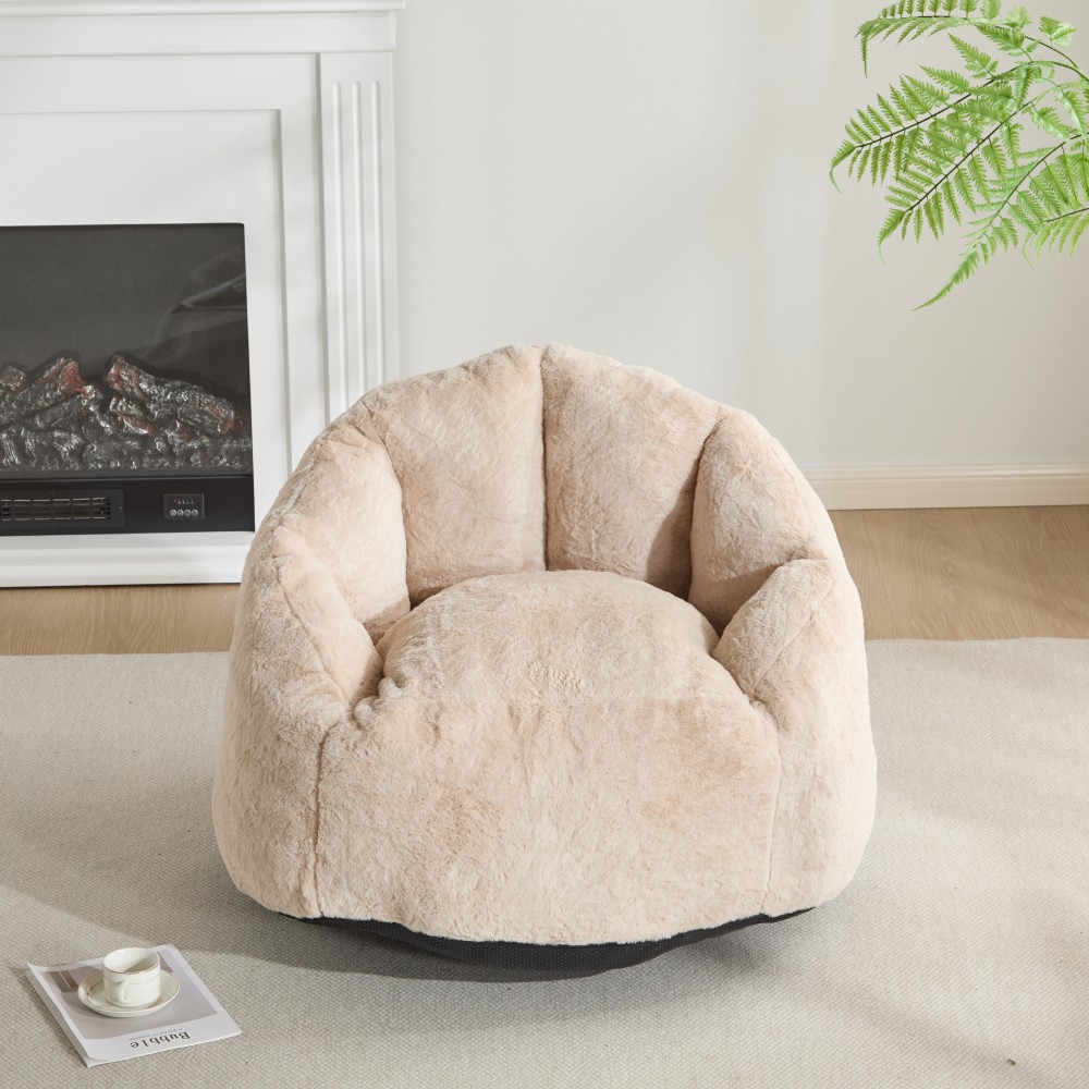 Beige Faux-Fur Bean Bag Chair, Indoor Cozy Armchair-Style, Shredded Foam Filler