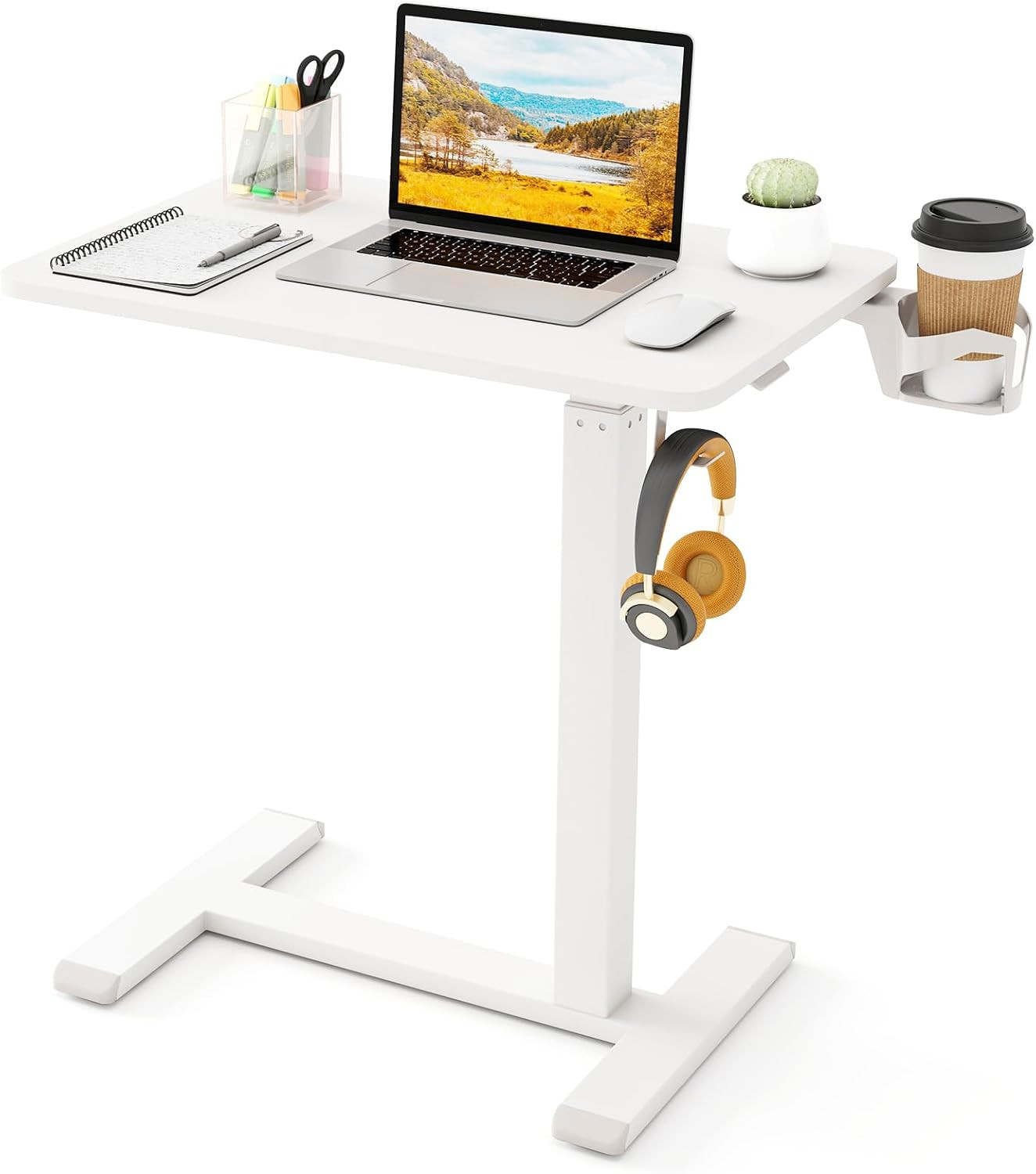 Pneumatic Mobile Standing Desk with Cup Holder & Headphone Hook - White