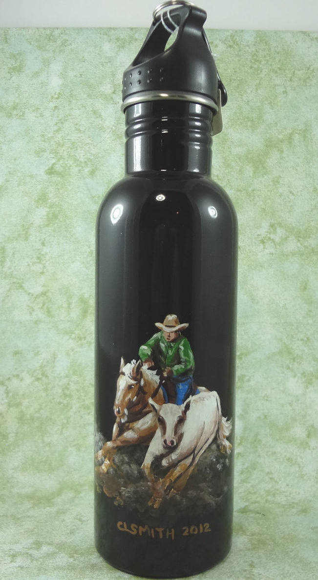 OOAK stainless steel water bottle screw top - cowboy working cow horse penning