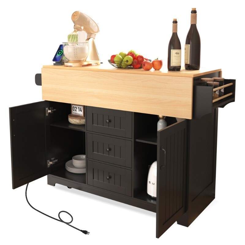 55.7'' Large Kitchen Island with 2 Drop Leaf Rolling Kitchen Cart on 5 Wheels