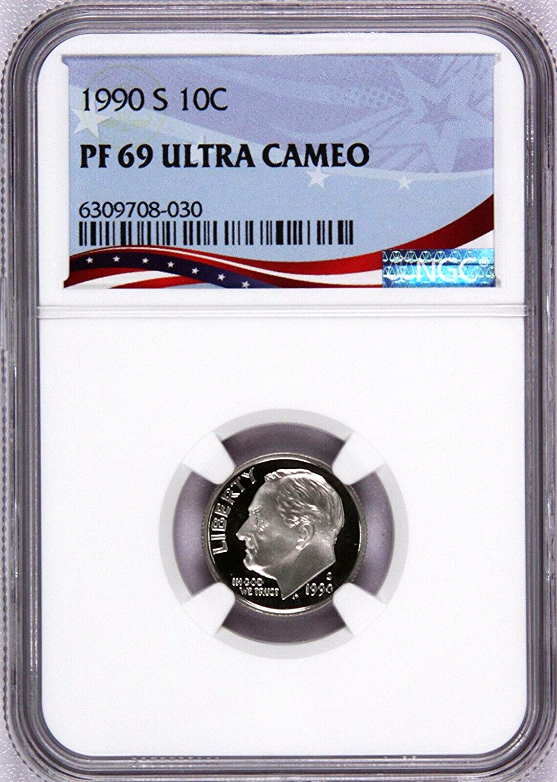 1990-S Proof Roosevelt Dime, Graded PF69UC NGC * OSR Patriotic Exclusive Label
