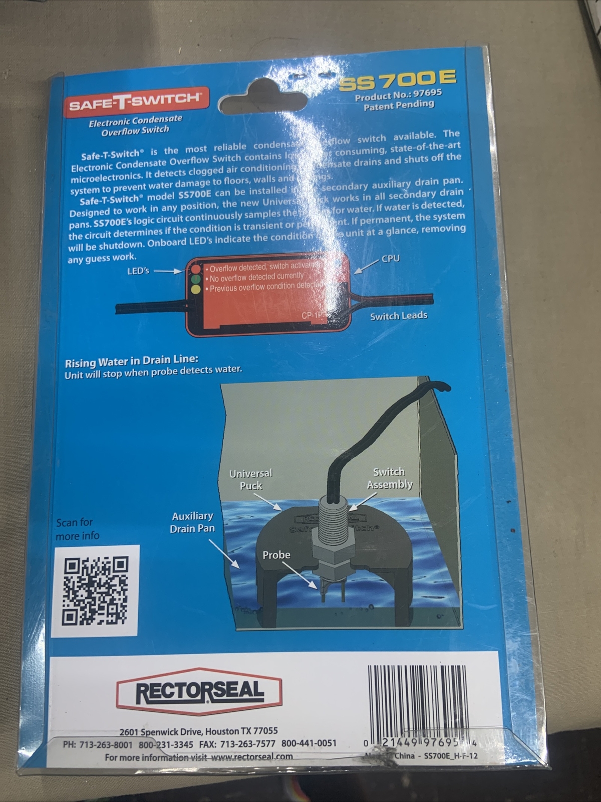 RECTORSEAL 97695 SAFE-T-SWITCH SS700E ELECTRONIC CONDENSATE OVERFLOW SWITCH