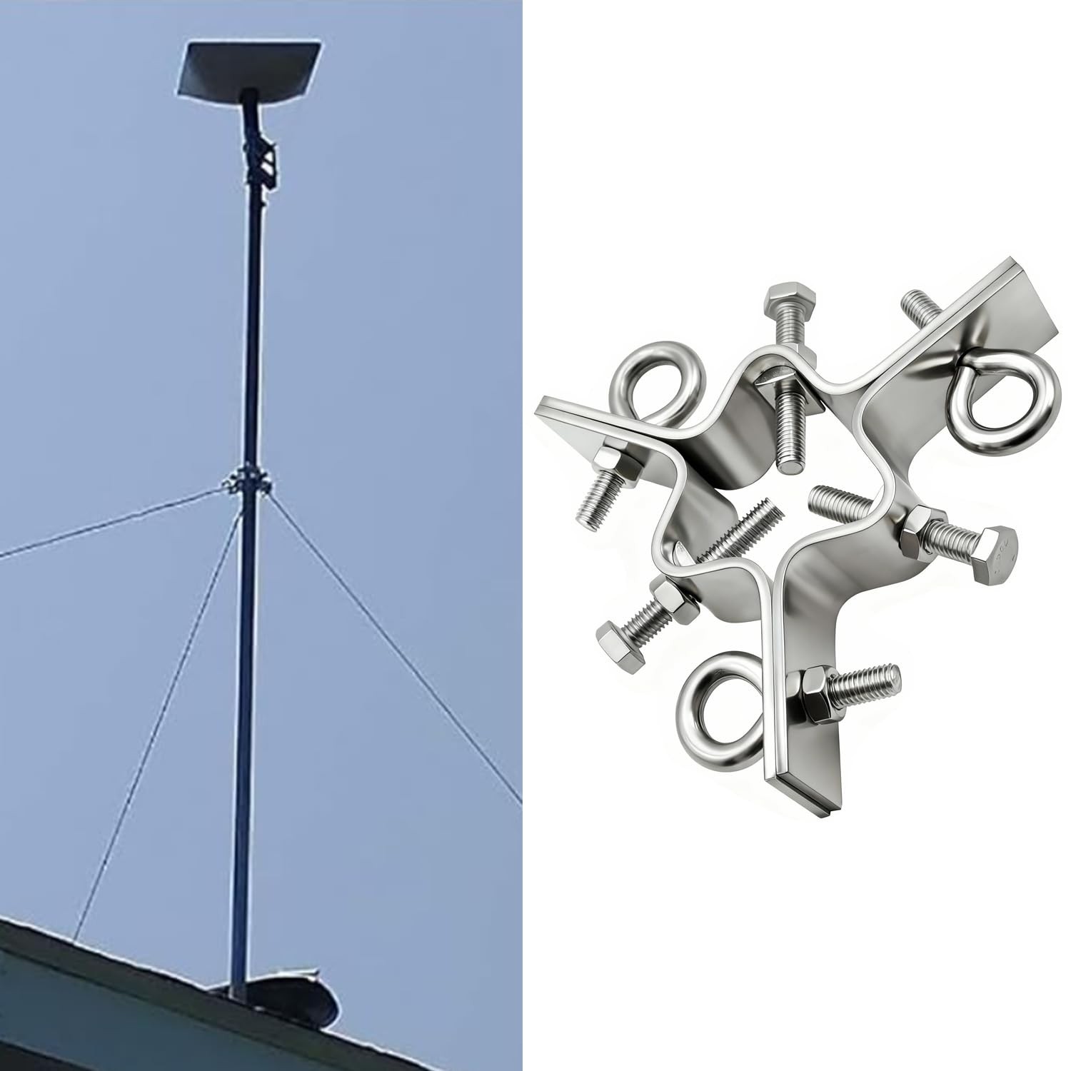 Antenna Mast Mount Clamp Down Guy Wire Ring Adjustable 3 Way Stainless Steel