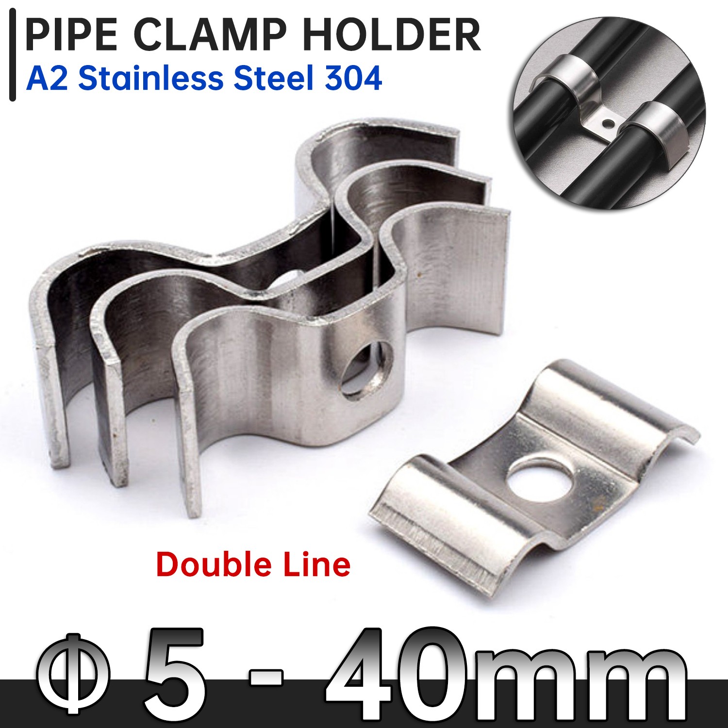 Double Line Clamps Pipe Tube Cable Clip for Conduits Pipe Fixing Stainless Steel
