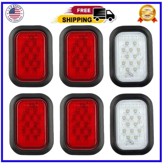 6Pcs 5x3 Rectangle LED Stop/Turn/Tail/Brake & Backup 4 Red + 2 White