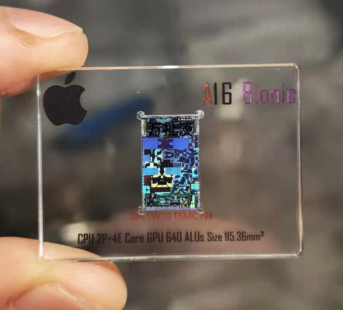 Apple A16 chip. Wafer display. Taken from an actual chip. Collectible item