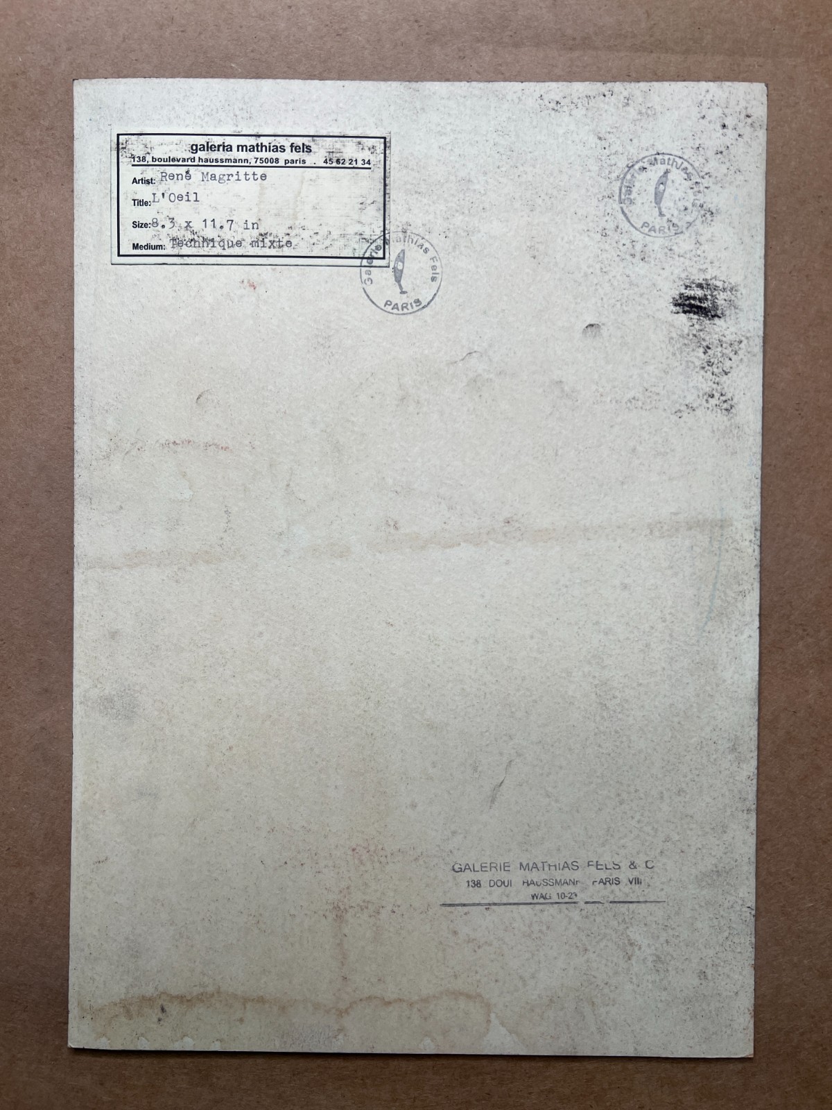 Rene Magritte (Handmade) Drawing On old Paper Signed & Stamped Mixed Media