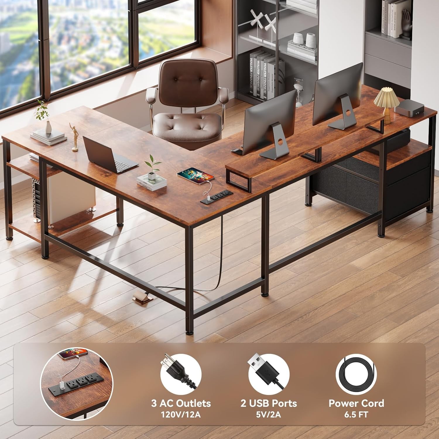 Furologee Rustic Brown L Desk 66InchReversibleCornerwithMonitorStands for Gaming