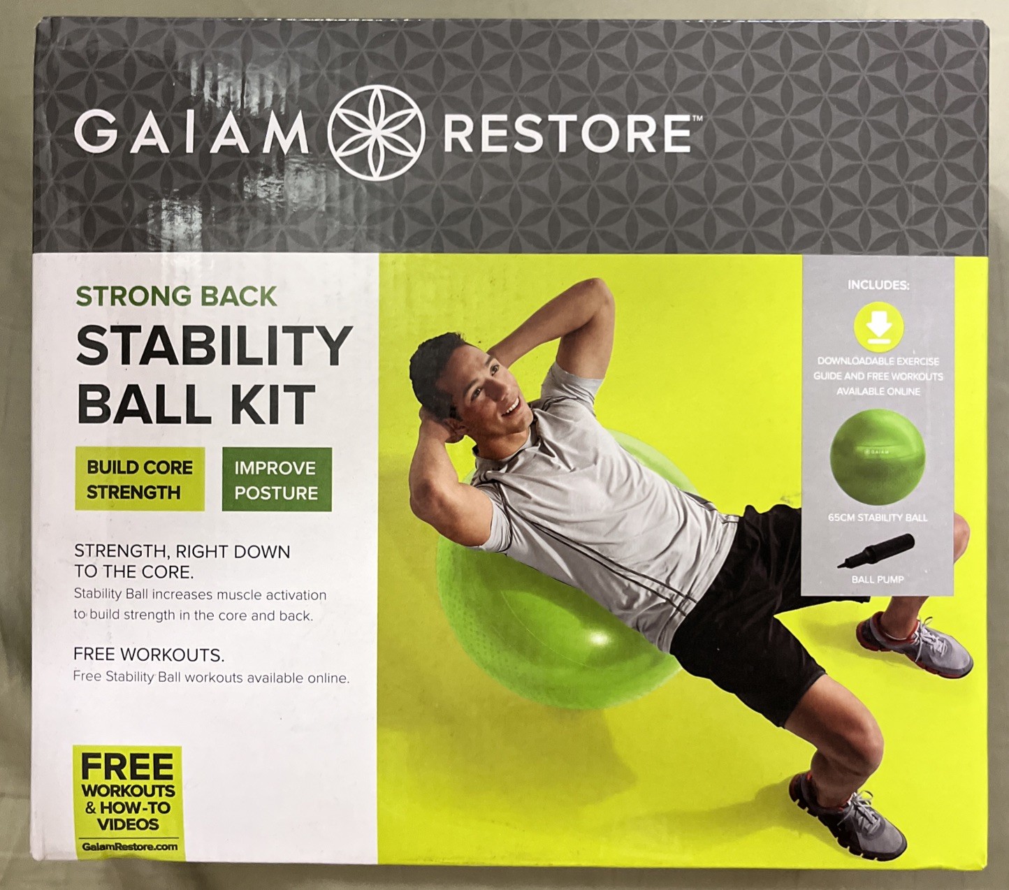 Gaiam Restore Strong Back Stability Ball Kit NEW in sealed box with pump