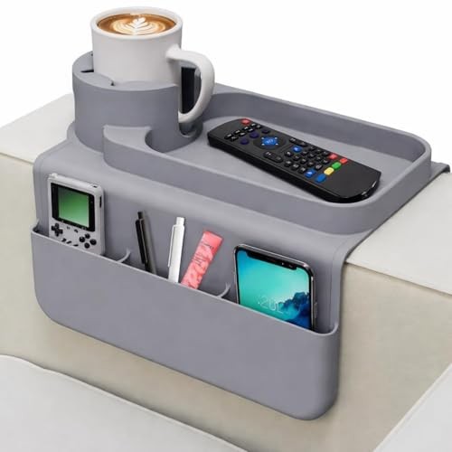 Silicone Couch Cup Holder Tray, 3-Side Sofa Armrest Organizer with Secure Grey
