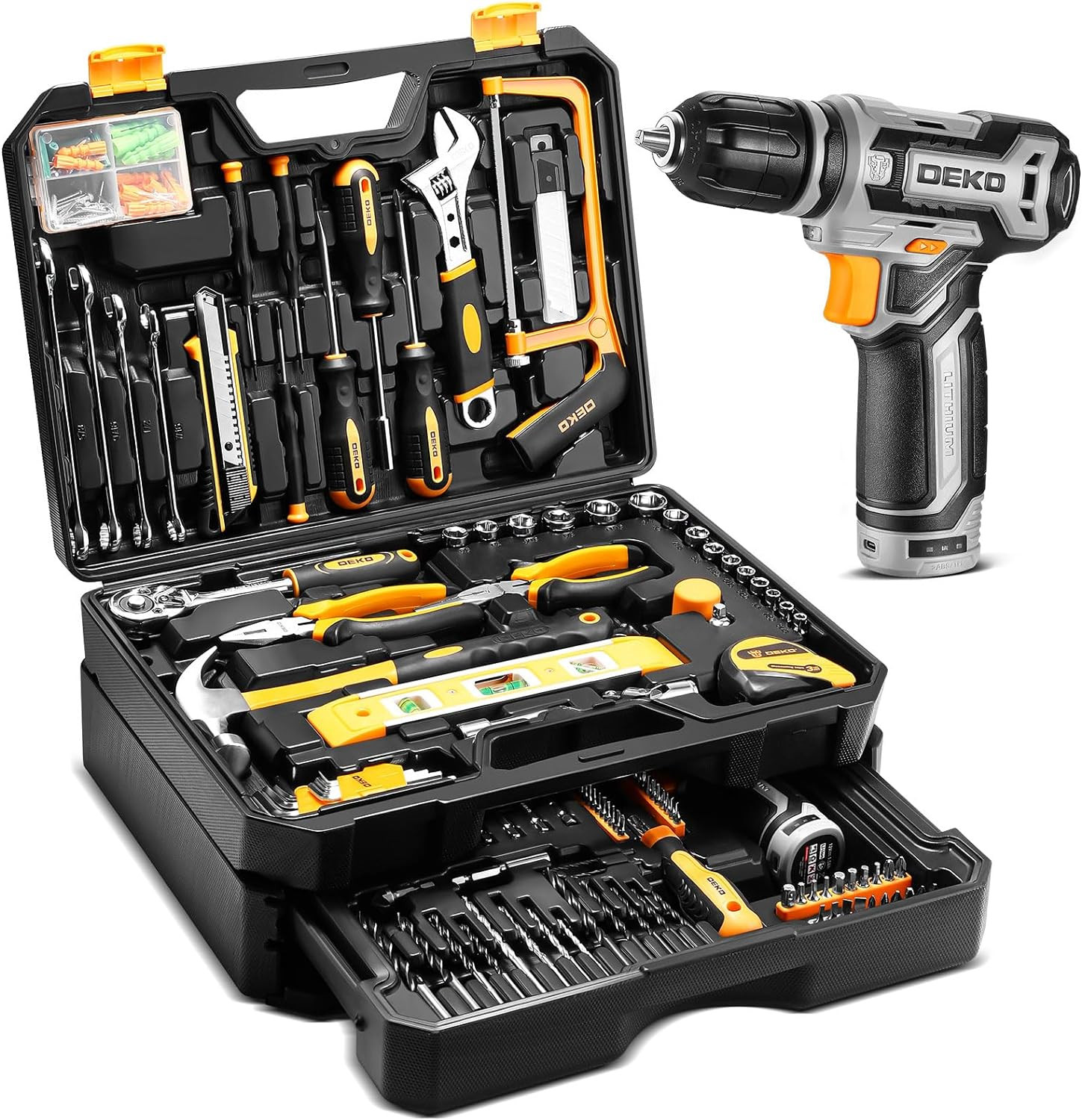 Tool Kit Box Drill Set： Home Mechanic Toolbox with 12V Power Cordless Drill Hand