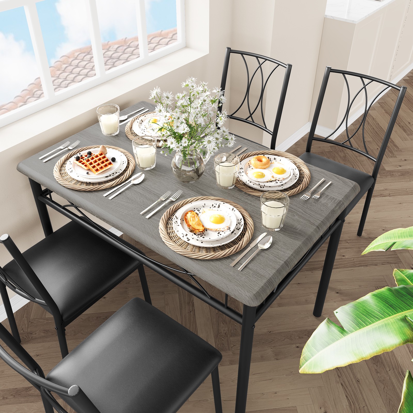 Dining Table Set For 4, Grey Dining Room Table Set With 4 Upholstered Chairs