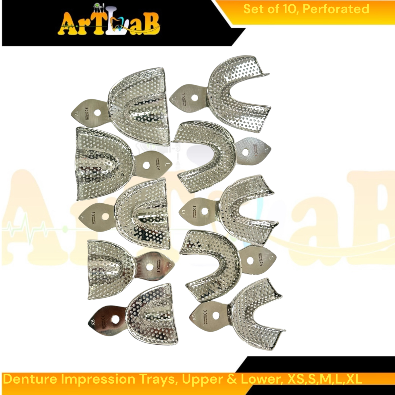 German Stainless Perforated Denture Impression Trays, Upper + Lower (10PK)