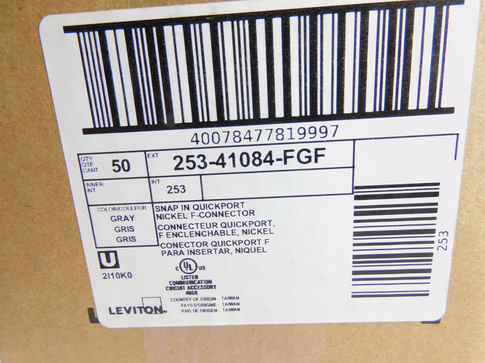 F-Type Coax Adapter Nickel 41084-FGF Leviton QuickPort -- Gray -- QUANTITY OF 50
