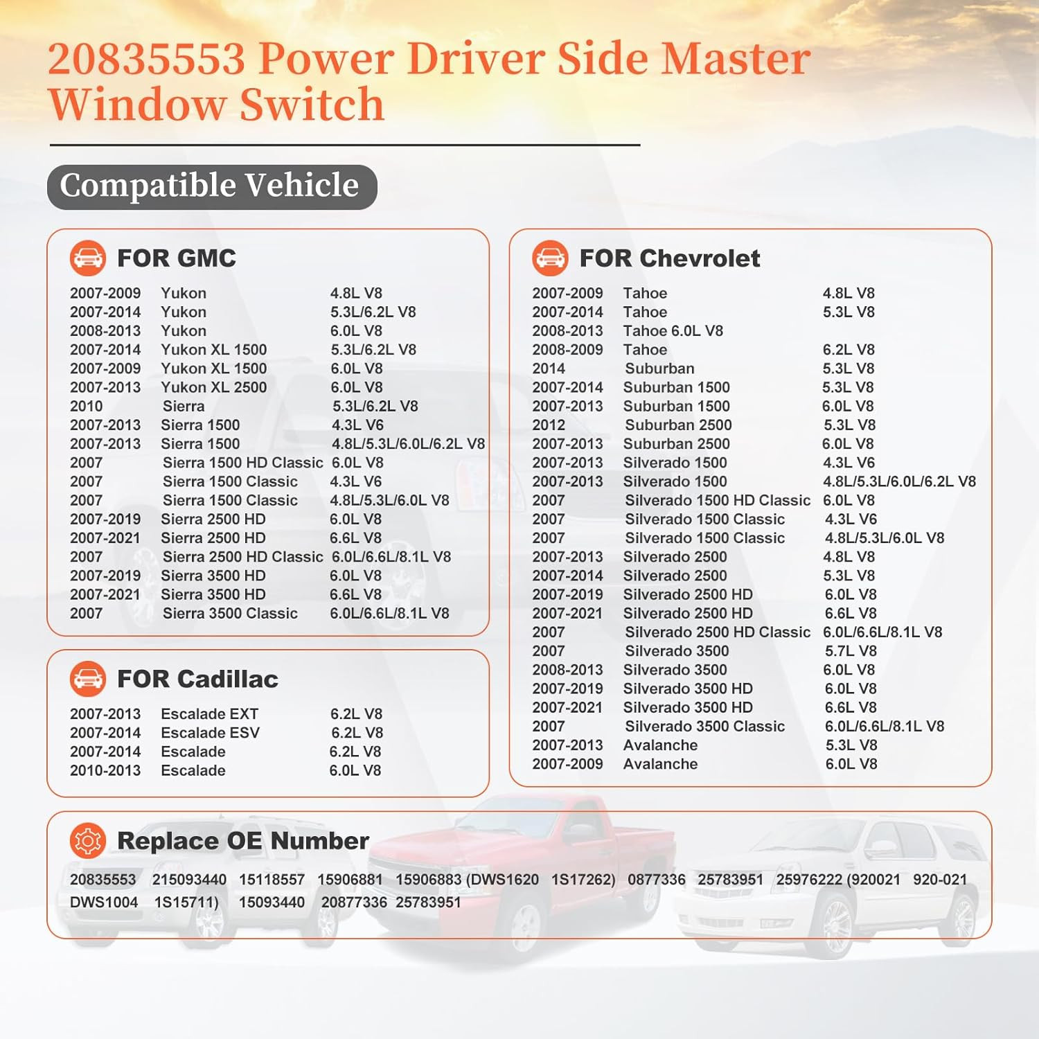 20835553 Power Driver Side Master Control Window & Mirror & Door Lock Switch Fit