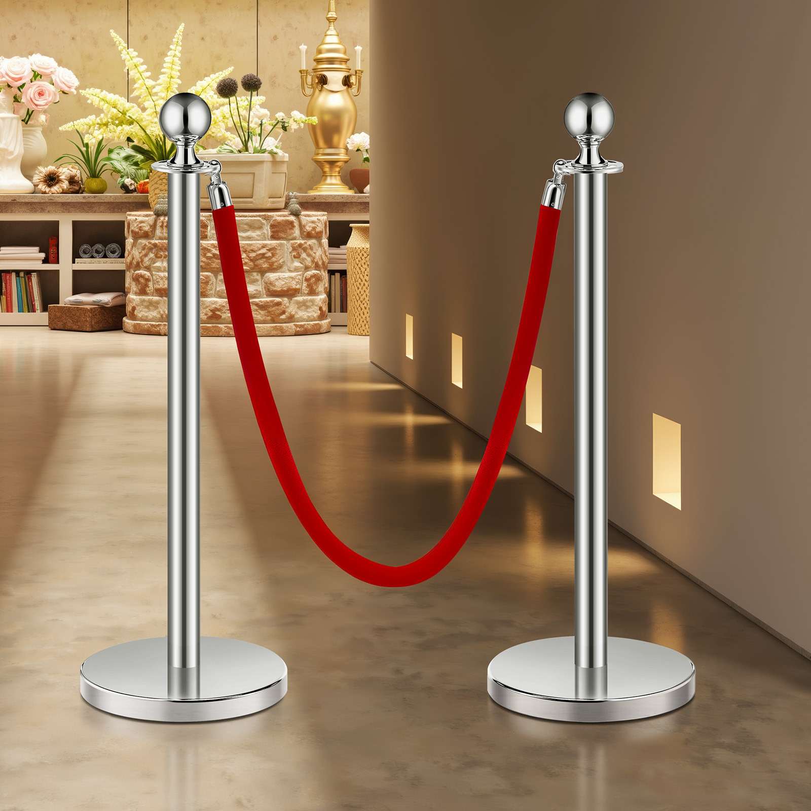6 Pcs Silver Stanchion Post 3 Red Velvet Ropes Sand Injection Hollow Base