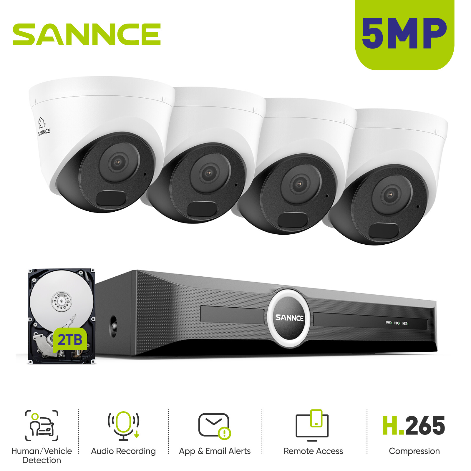 SANNCE 5MP POE AI Detection Security Camera System Audio Recording 8CH NVR 2TB