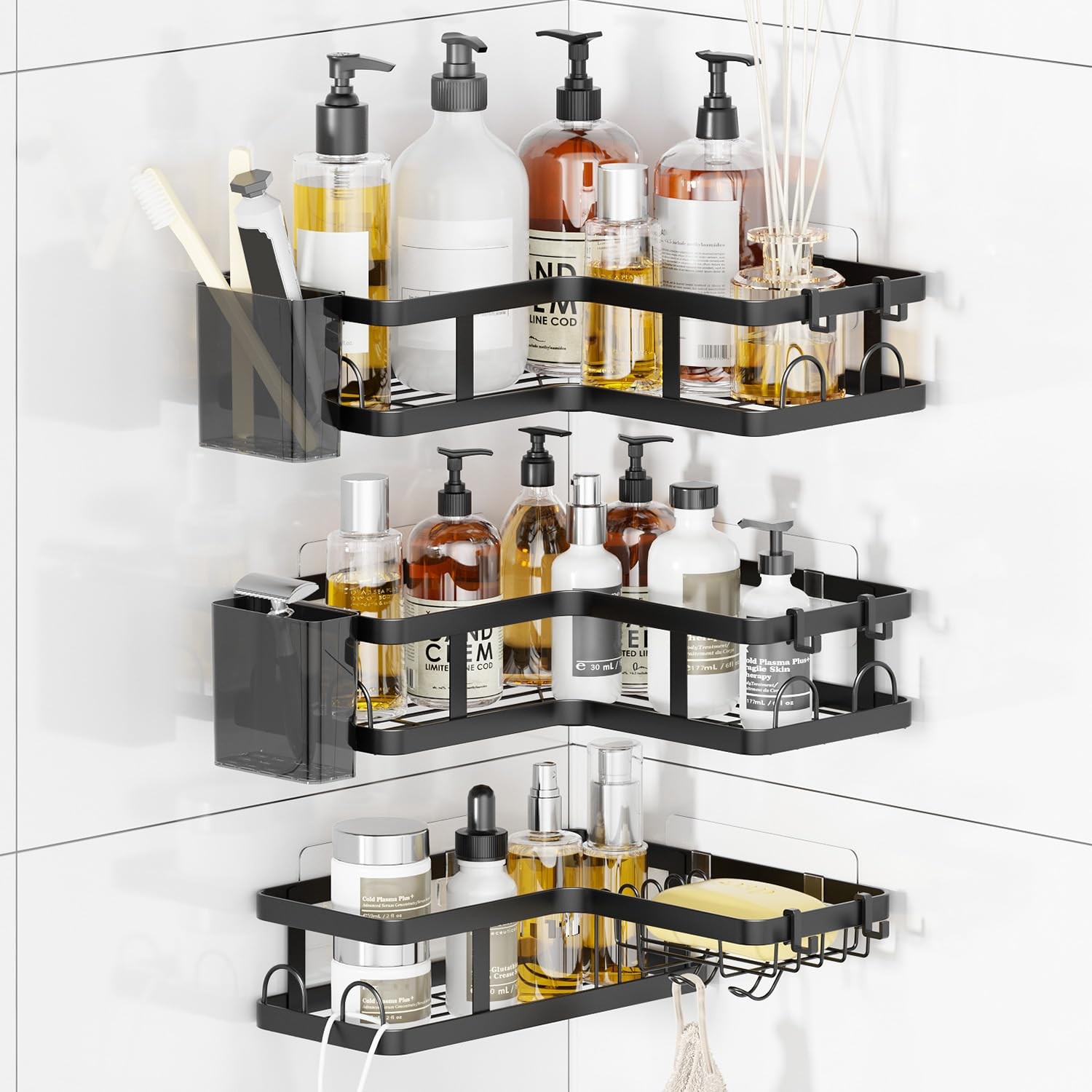 PUPILLEMON 3 Pack Corner Shower Caddy Organizer, Rustproof Black