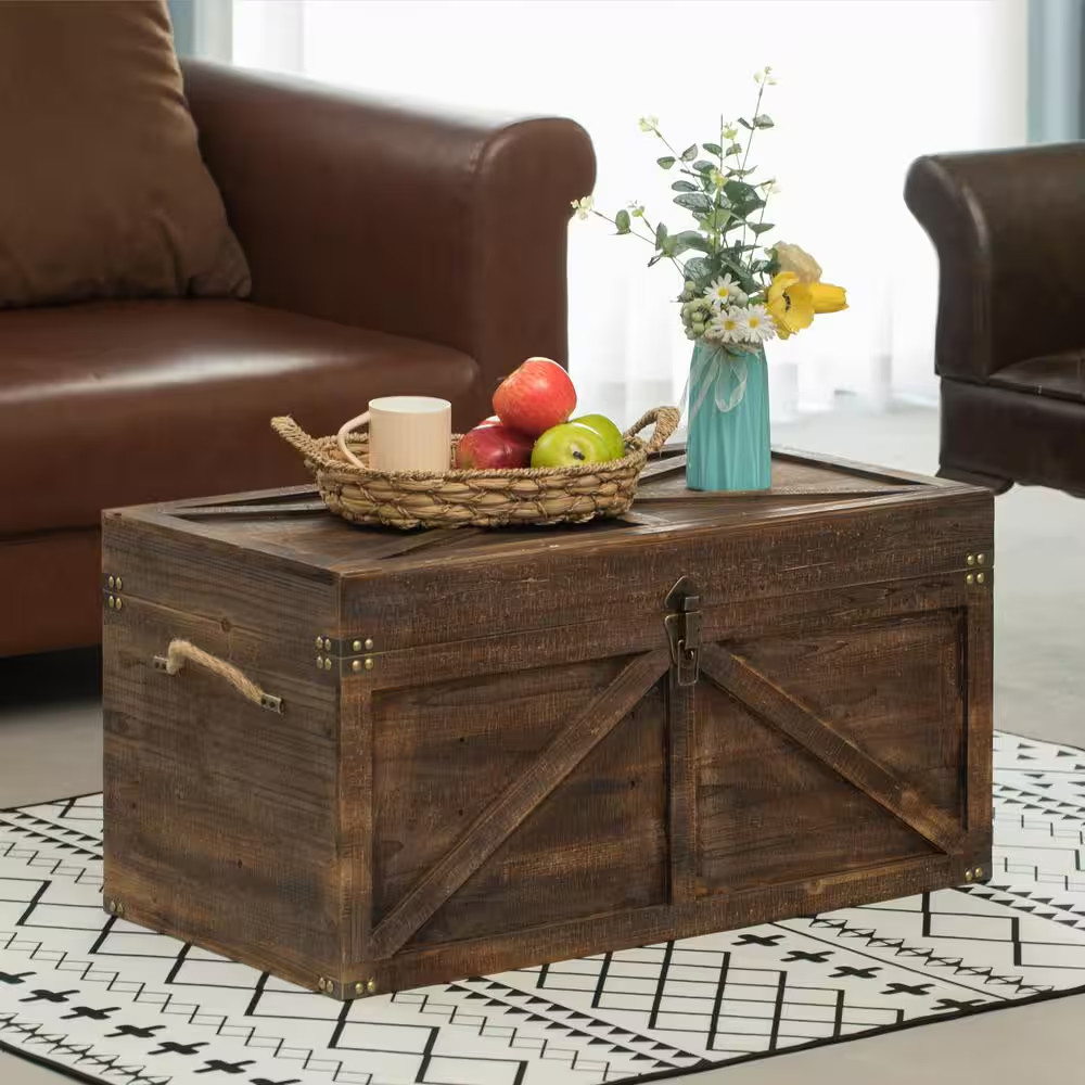 Brown Large Wooden Lockable Trunk Farmhouse Style Rustic Design Lined Storage Ch