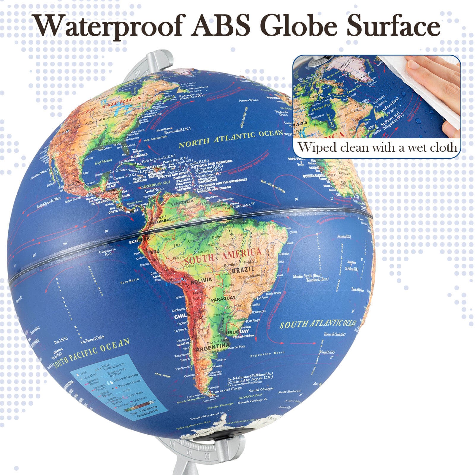 12" Illuminated World Globe w/Raised Relief LED Lights & Time Zone Non-Slip Base