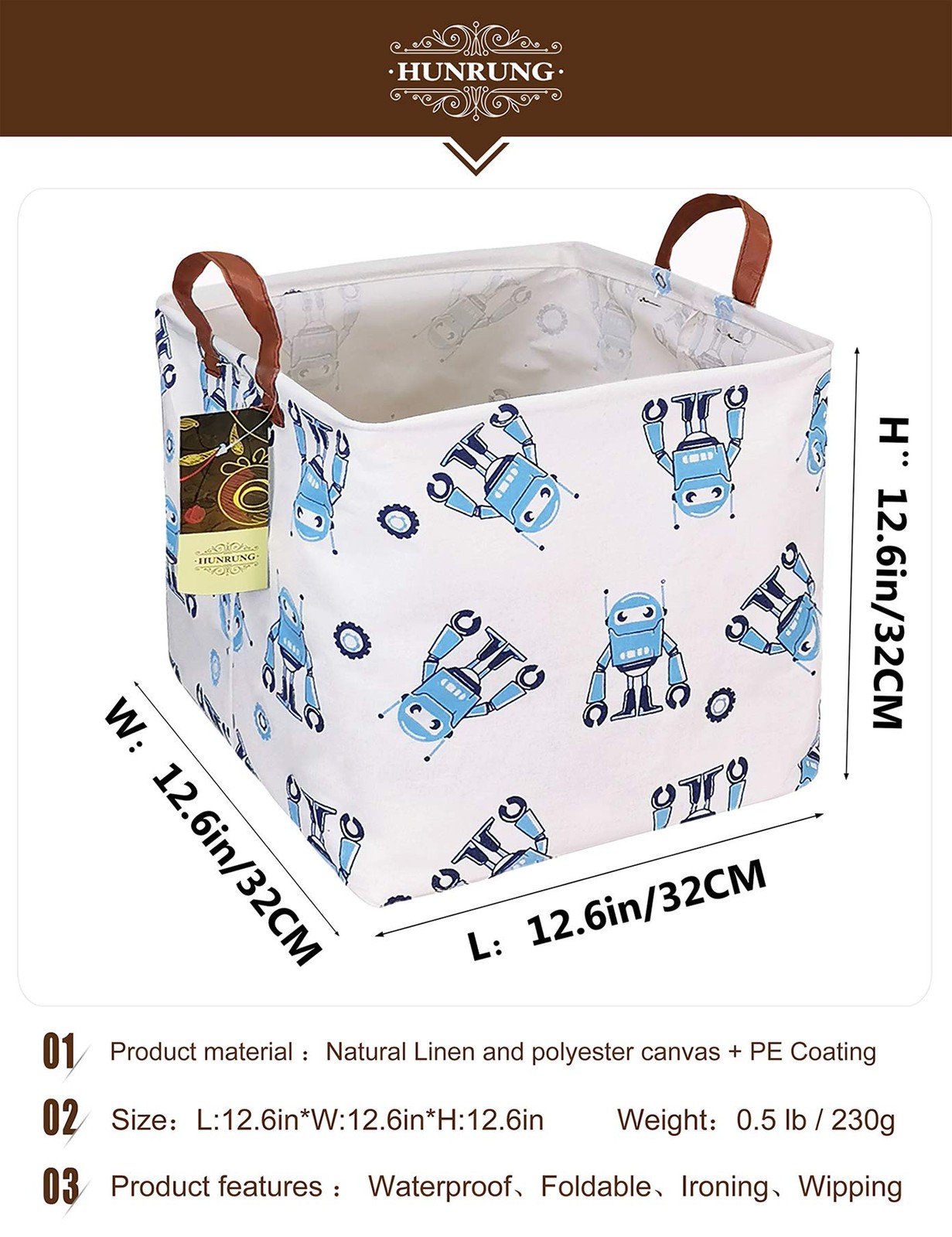 Square Storage Bins Laundry Basket Foldable Gift Baskets Bedroom(Blue robot)