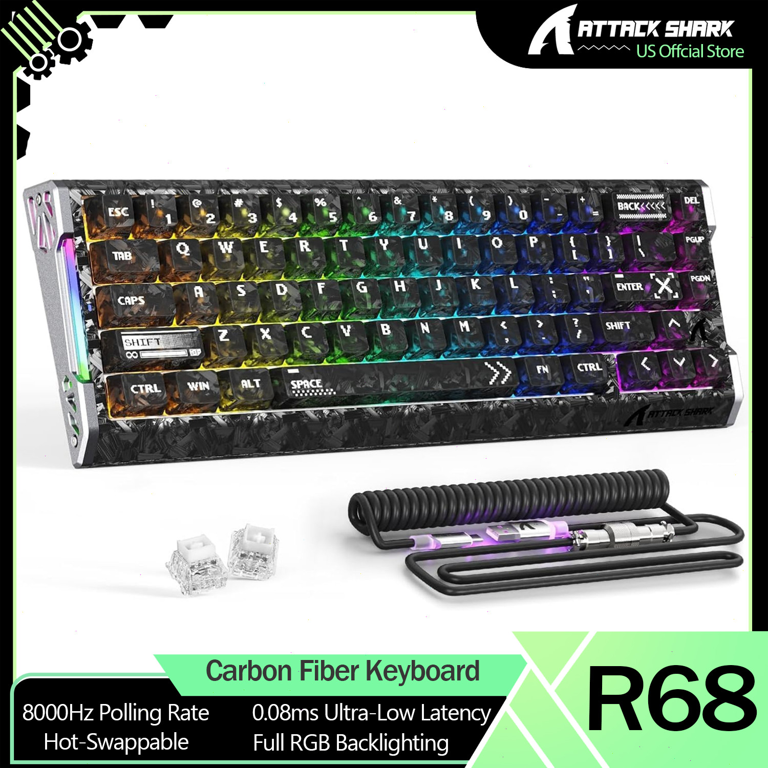 ATTACK SHARK R68HE 68 Keys Wired Carbon Fiber  Keyboard With C01ULTRA RGB Cable
