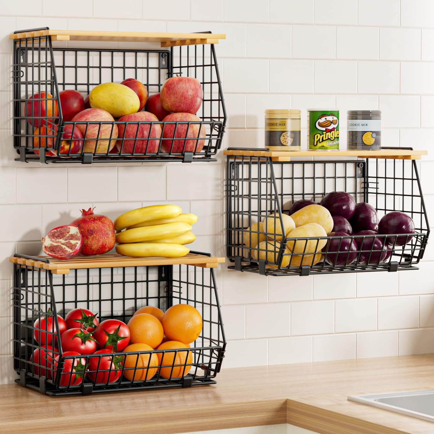 Hanging Fruit Basket for Kitchen, 3 Pack Vegetable Produce Basket | Wall Mounted