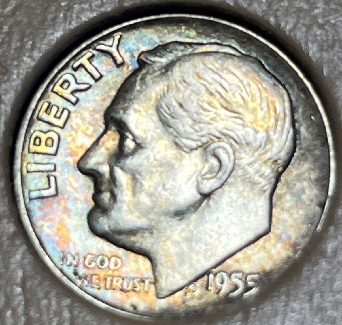 1955 D Roosevelt Silver Dime Rainbow Toning Uncirculated