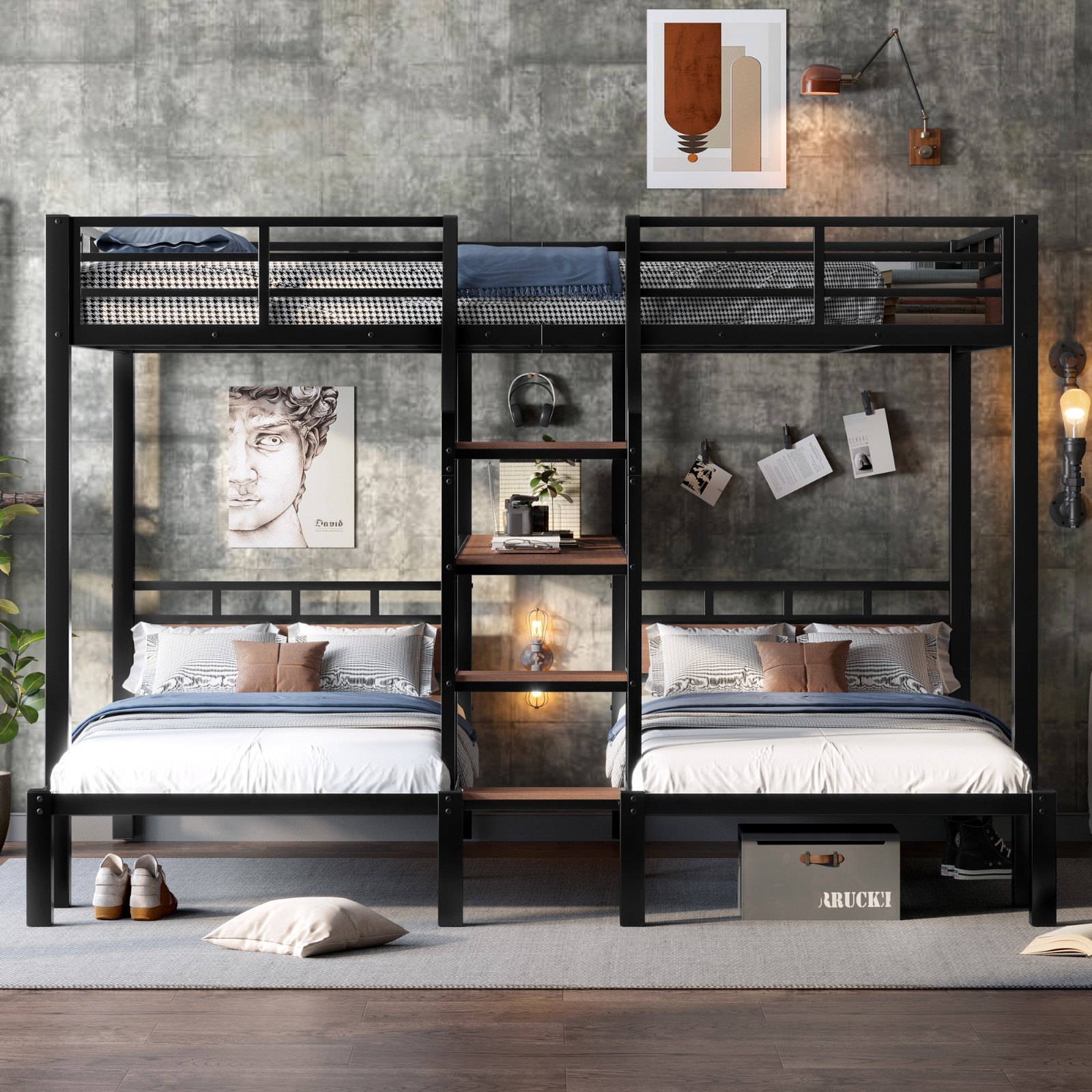 Twin/Queen over Twin over Twin Metal Bunk Bed Triple Bunk bed w/Storage Shelves