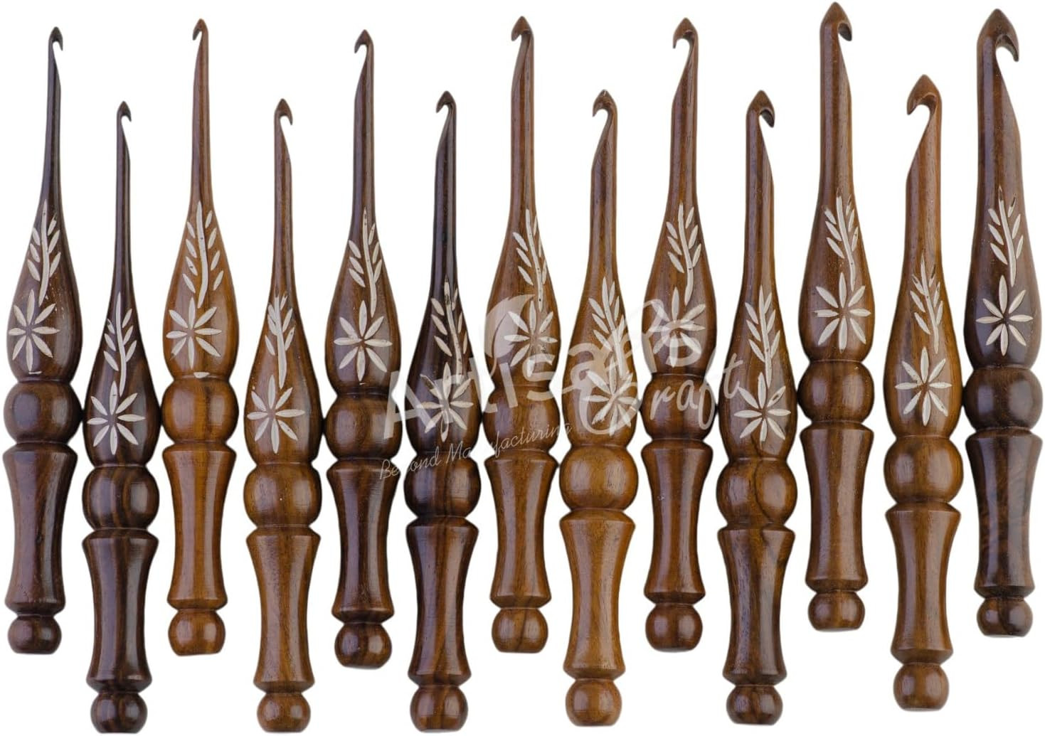Crochet Hooks Set of 13-3.5Mm to 12Mm - Hand Carved Wooden Hook with Leaf Design