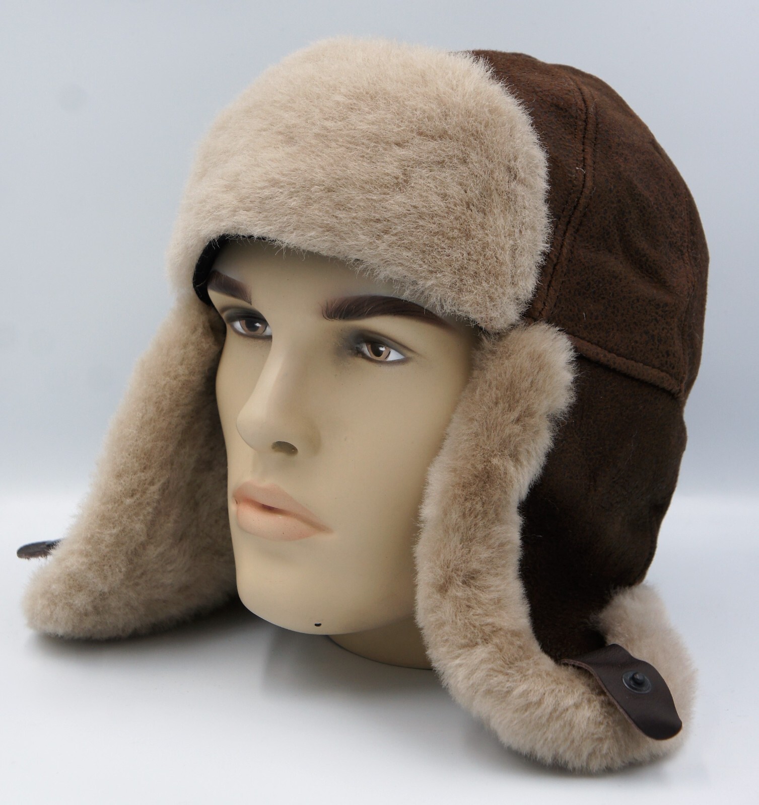 100% Sheepskin Shearling Leather Hat Trapper Ushanka Hunting M-3XL ESPRESSO/TEAK