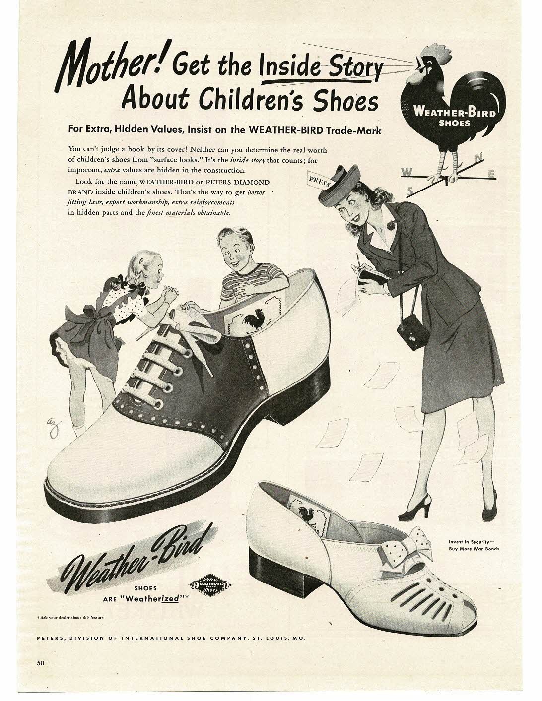 1945 Weather Bird Children's Shoes Saddle Open-toe art Vintage Print Ad