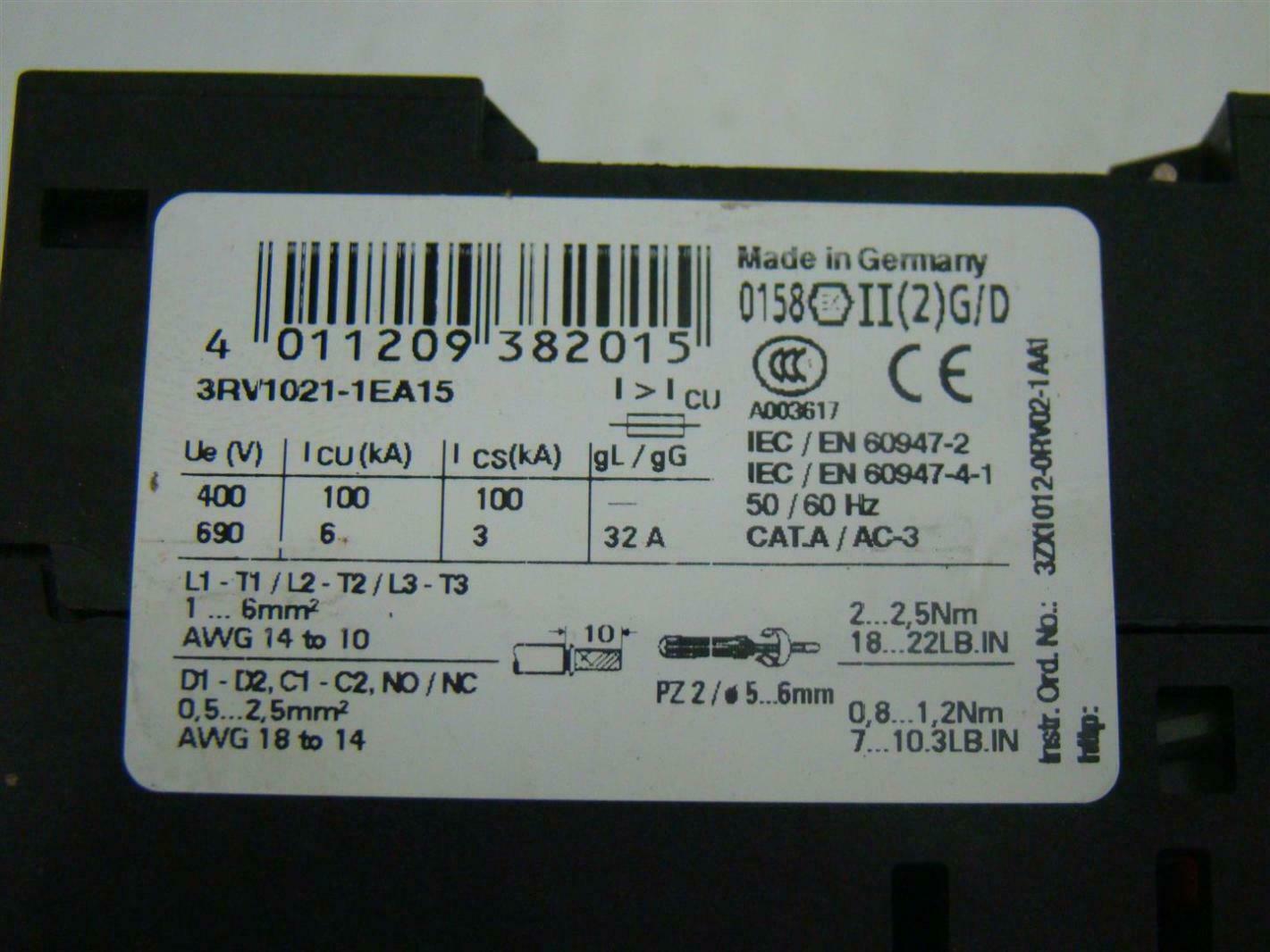 Siemens Motor Overload Protector 200/208V 3ph 3RV1021-EA15