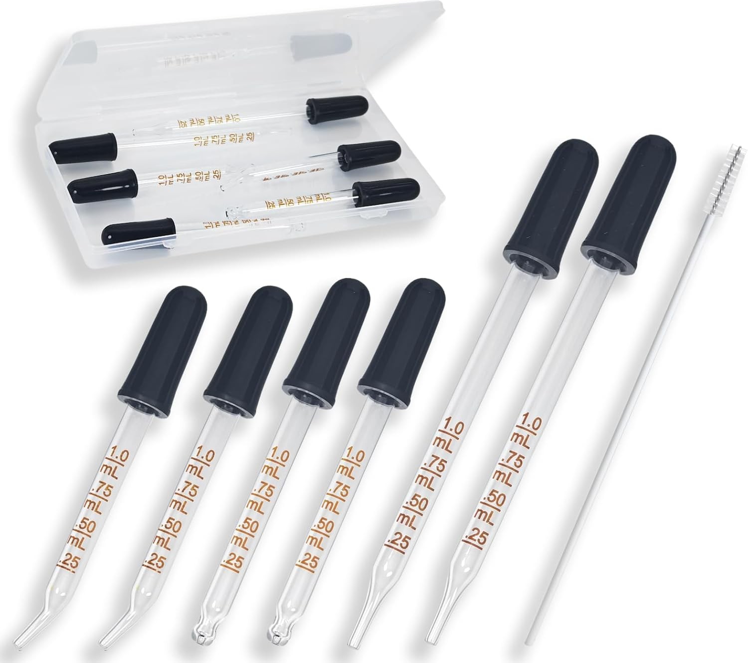 6 Pack Glass Pipette Dropper with Brush - Bent & Straight Tips, 1 ml Eye Dropper