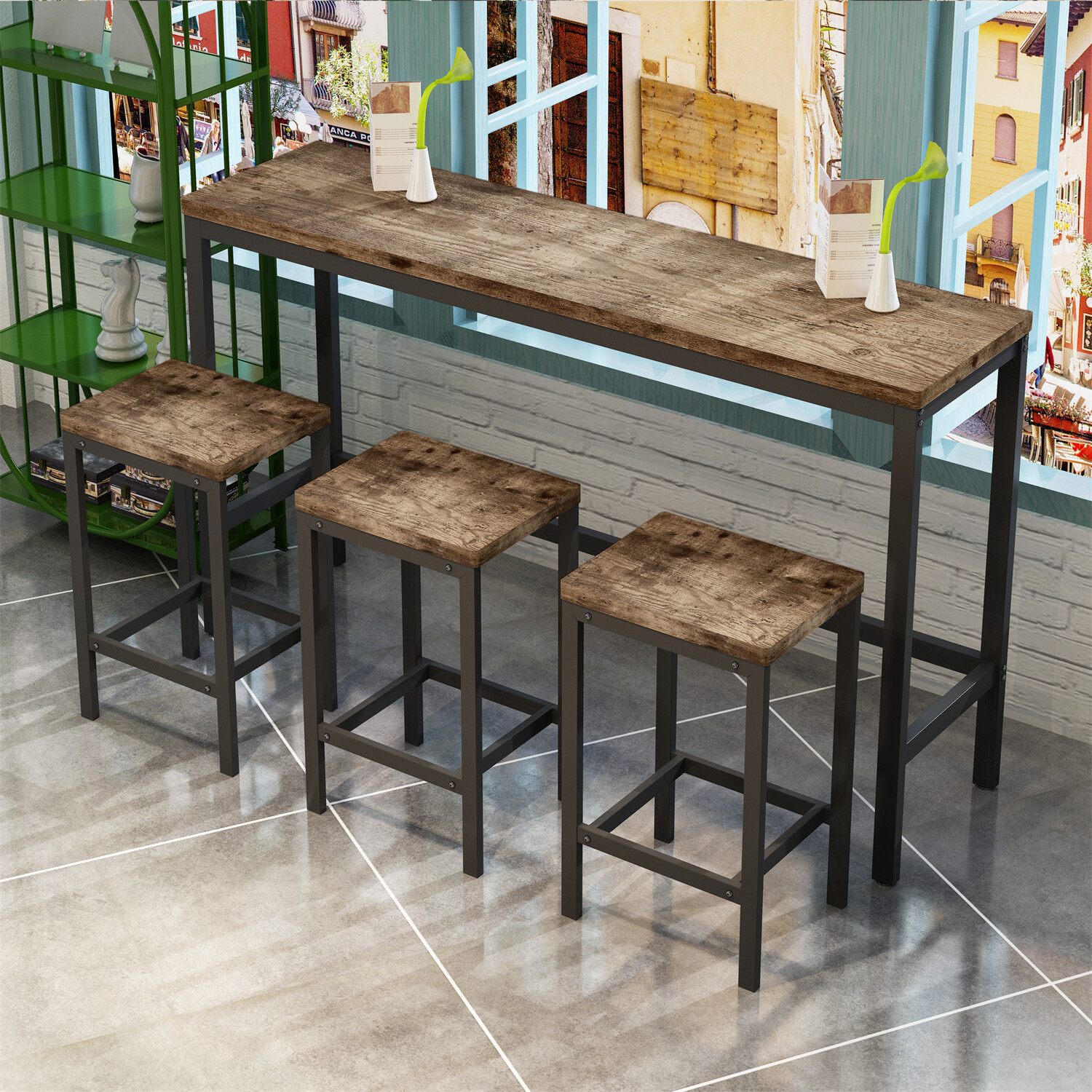 4 Piece Bar Table Set Counter Height Kitchen Pub Table w/ 3 Bar Stools New
