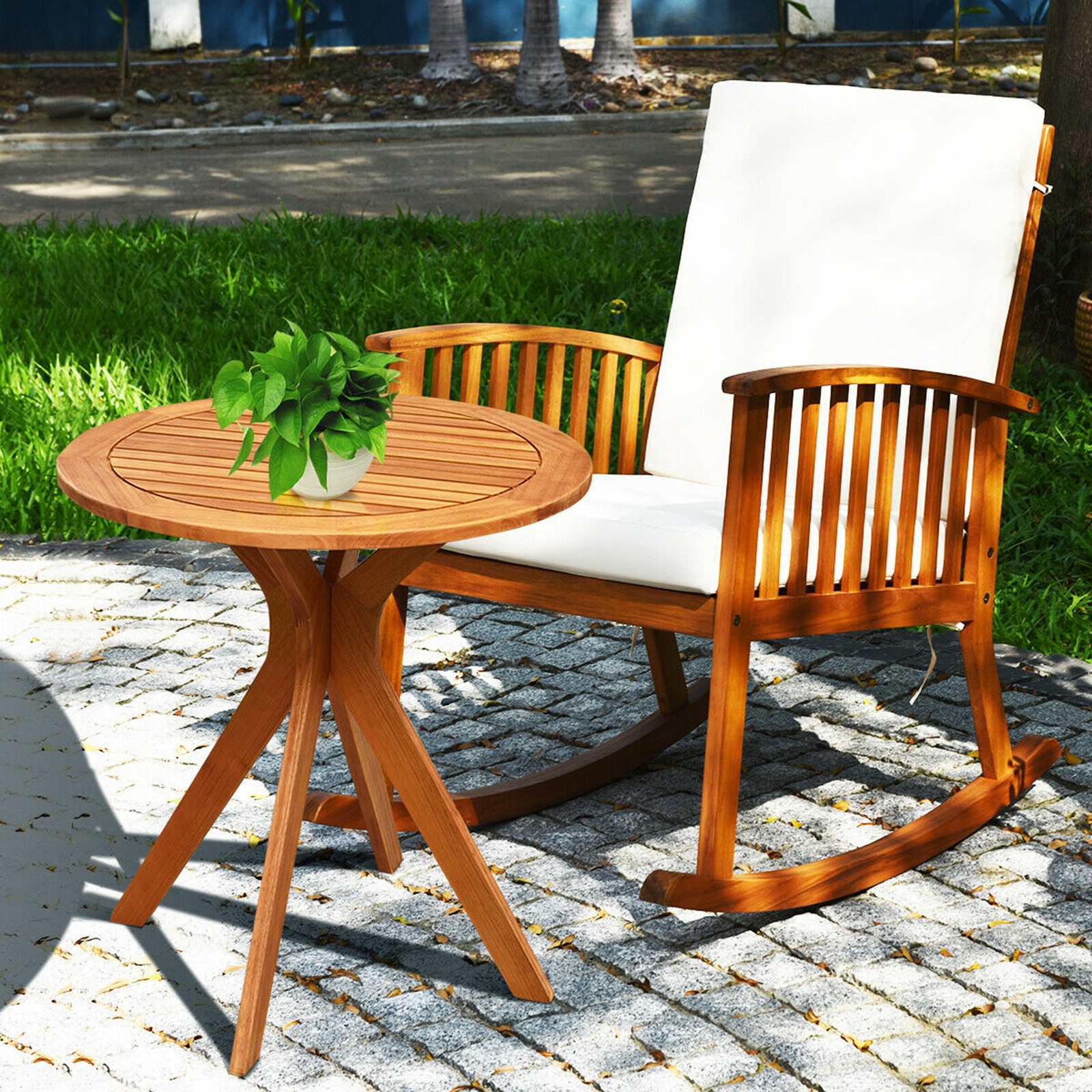 2PCS Patio Rocking Chair Set Round Table Solid Wood Cushioned Sofa Garden Deck