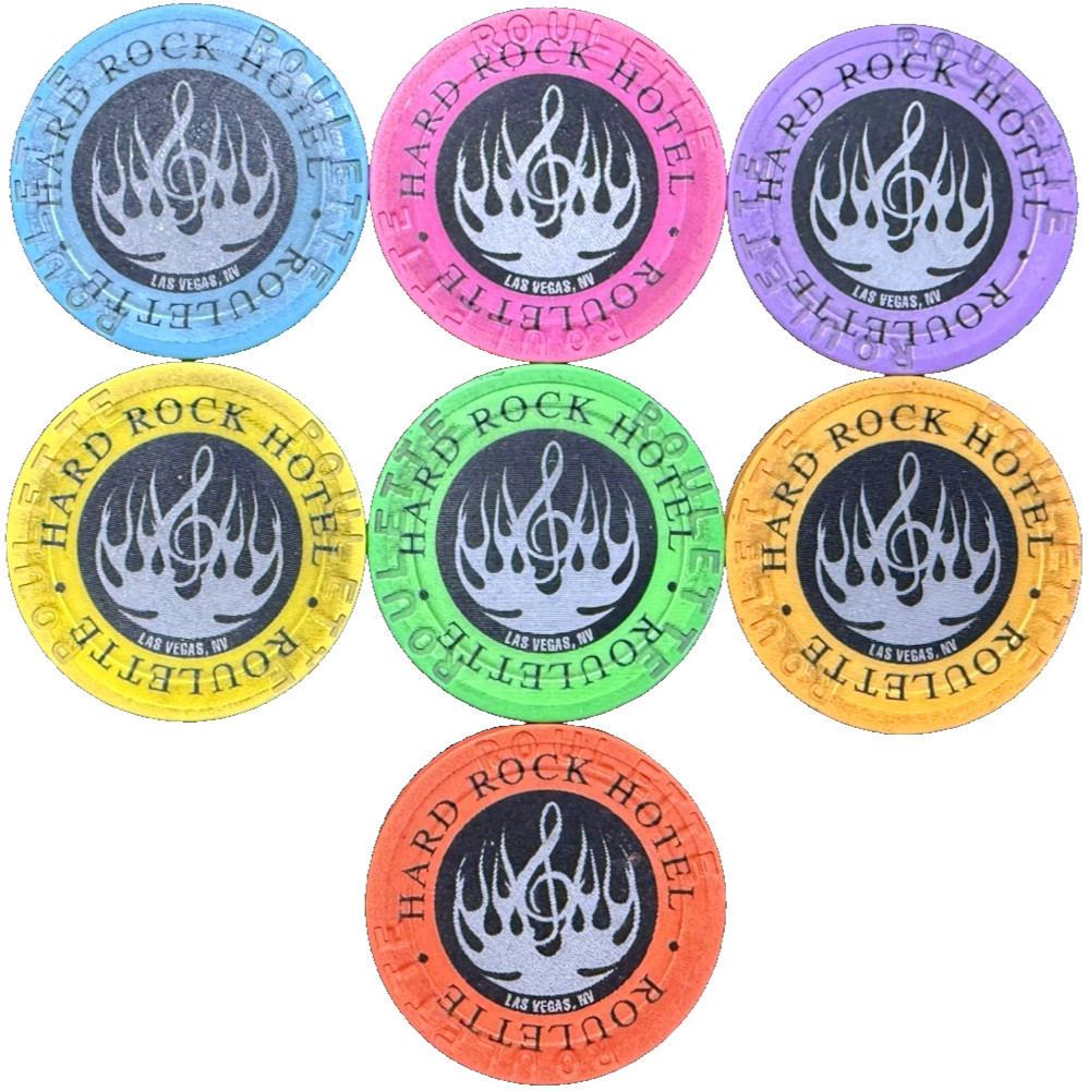 Hard Rock (7 Roulette Silver Casino Chips) "Black w/Silver Flame" Set
