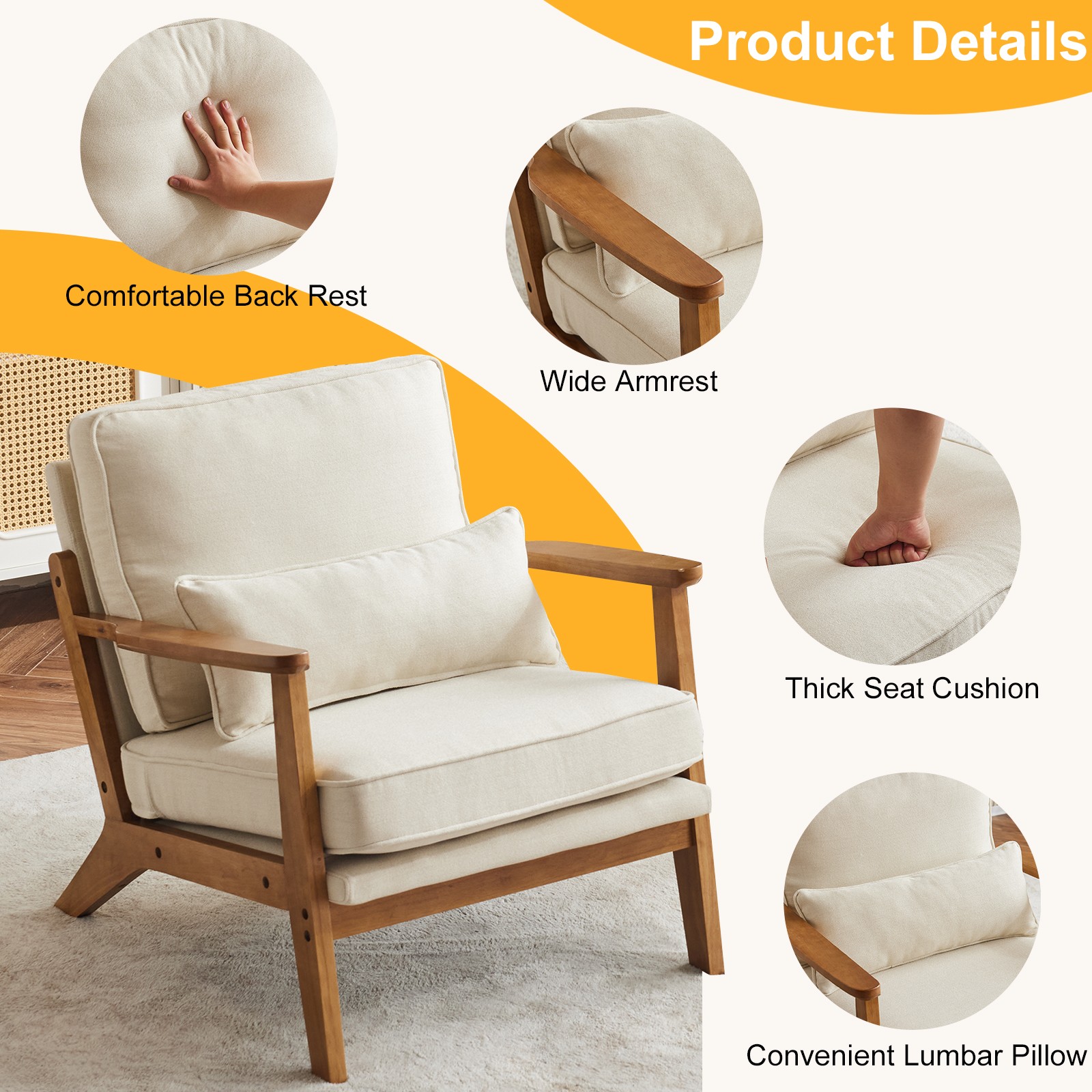 Retro casual chair, mid-century style wide chair, armchair with lumbar support
