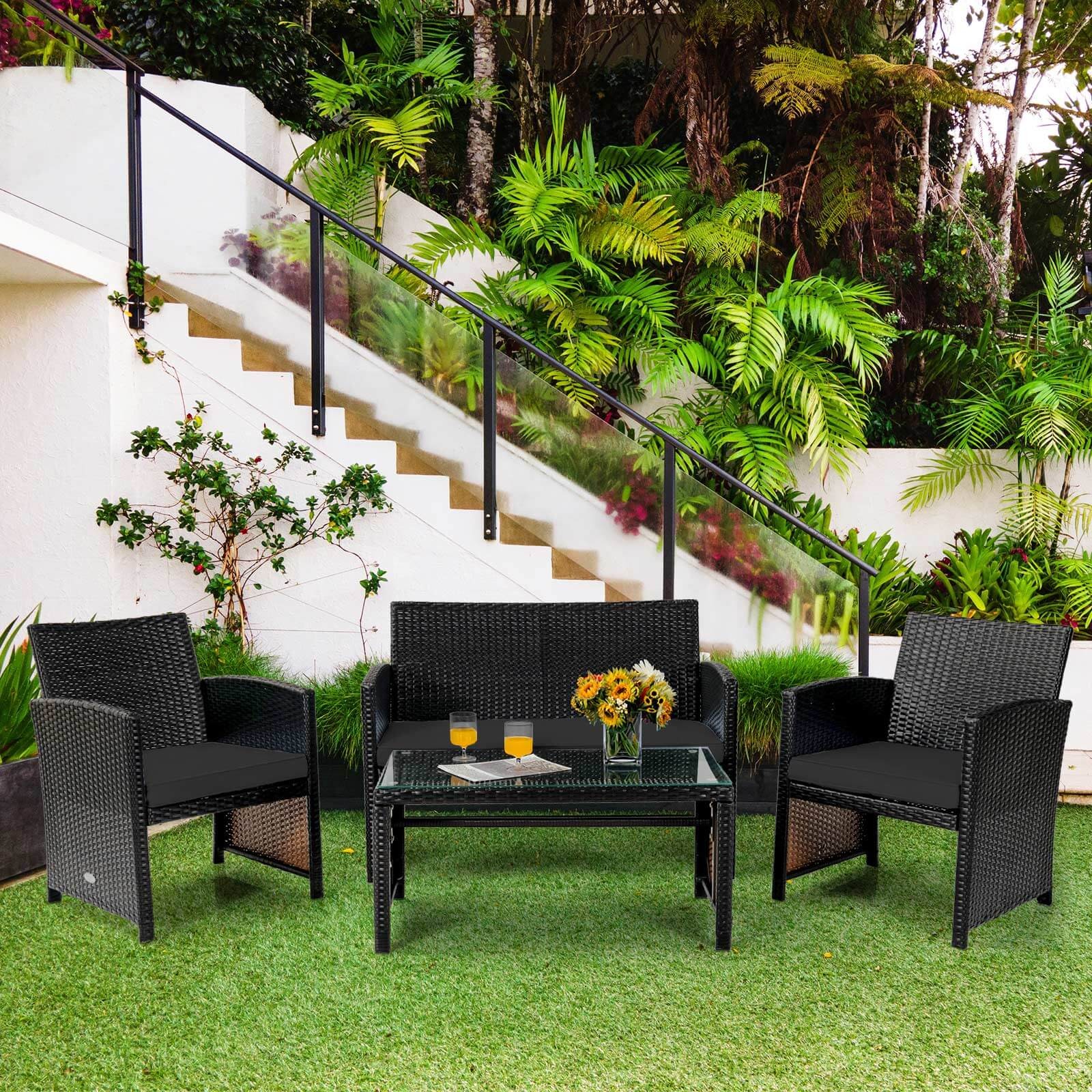8PCS Patio Rattan Furniture Set Cushioned Chair Sofa Table Turquoise