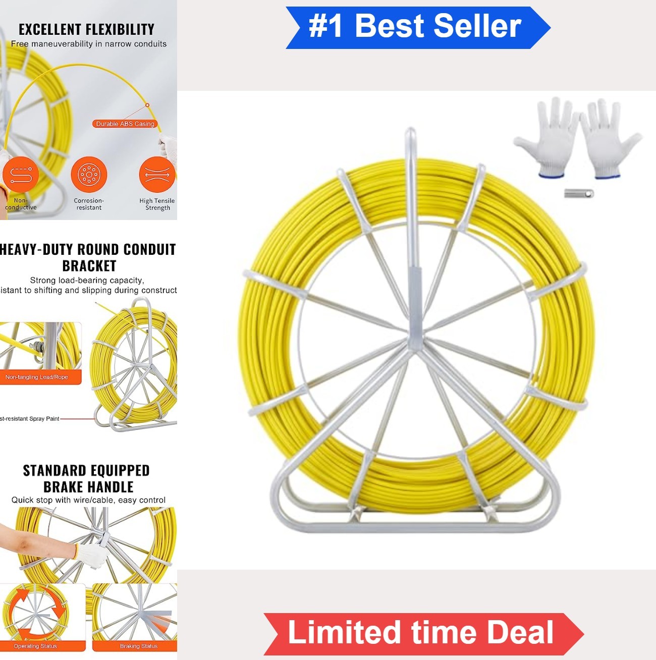 Fish Tape 600 ft 5/16 in Fiberglass Duct Rodder Cable Puller With Steel Reel