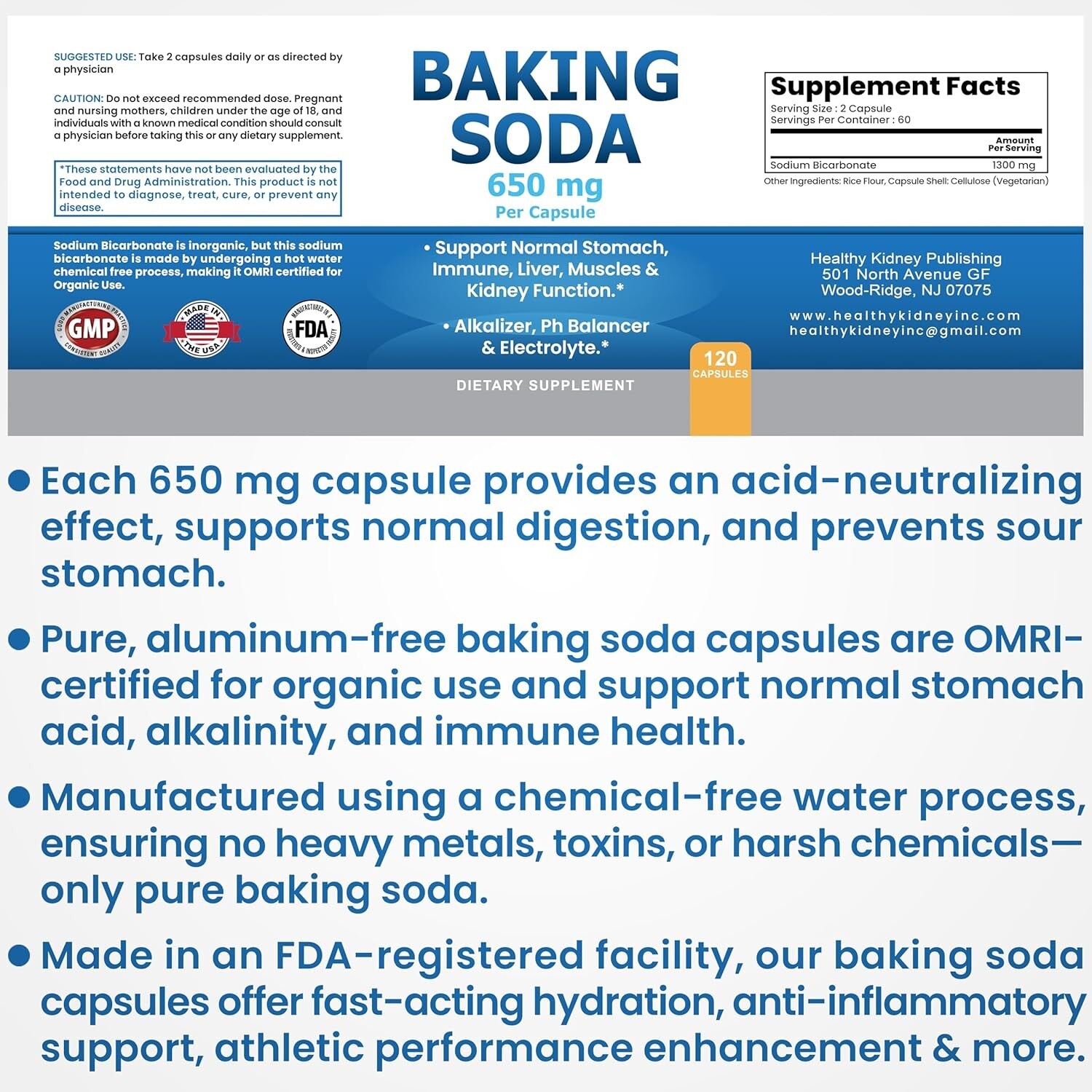 Natural Baking Soda Capsules Kidney Stomach Acid Sodium Bicarbonate Pills 650 mg