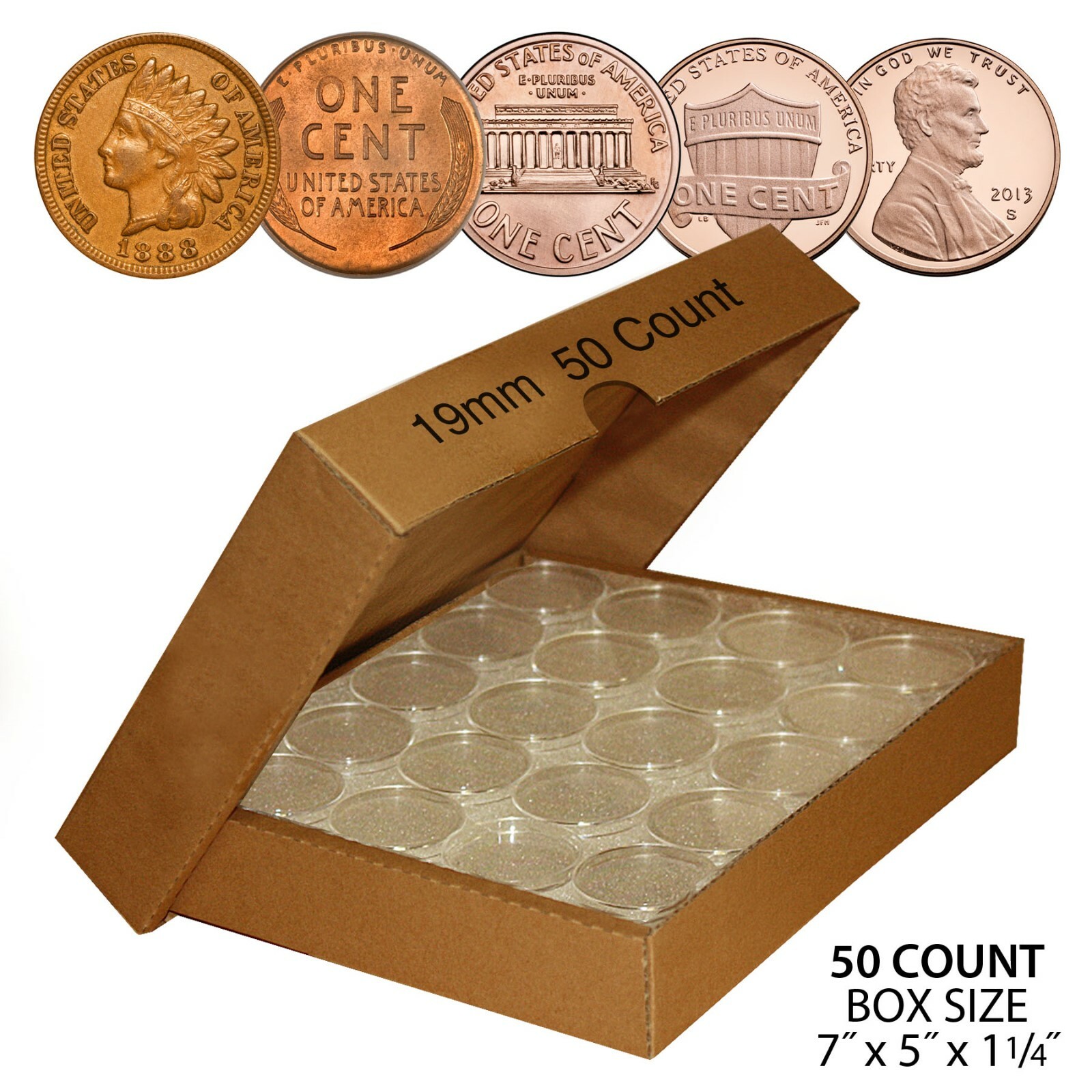 PENNY Direct-Fit Airtight A19 MM Coin Capsule Holders For PENNIES (QTY 50) w/BOX