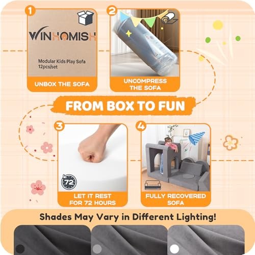 12-Piece Modular Kids Play Couch – Premium Soft Foam, Removable Cover, Grey