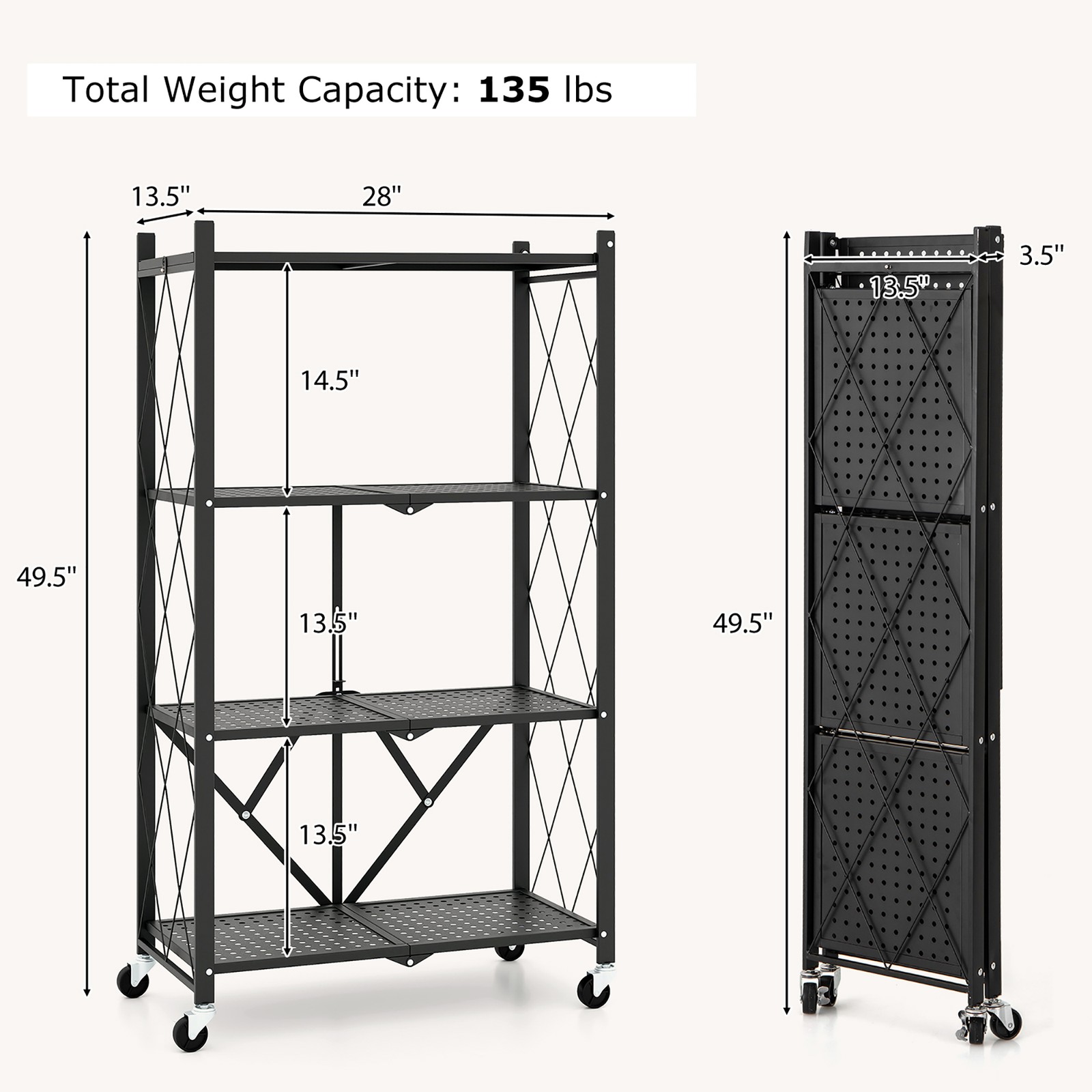 2PCS 4-tier Foldable Storage Shelving Unit w/4 Universal Wheels for Kitchen