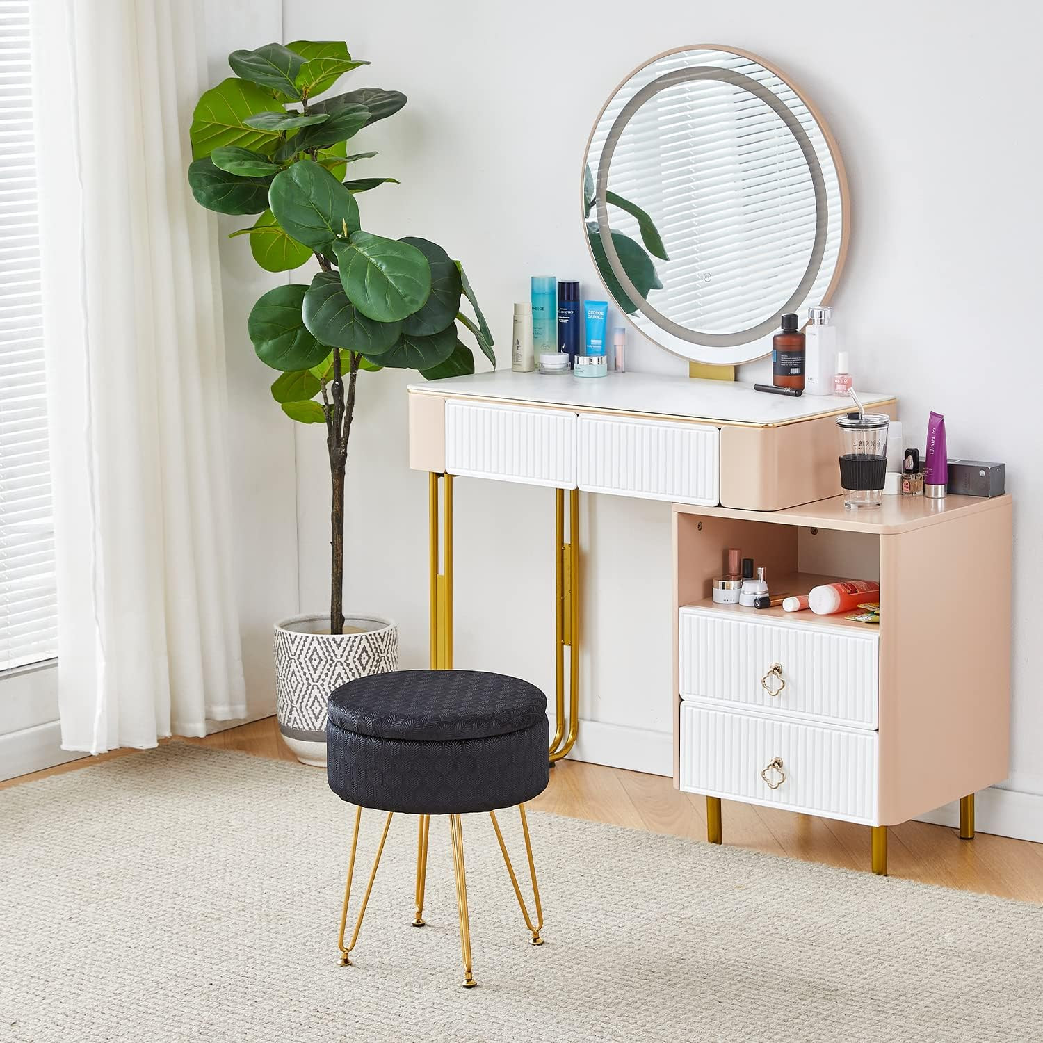 Modern Velvet Foot Rest Stool Upholstered round Storage Ottomans Multipurpose Dr
