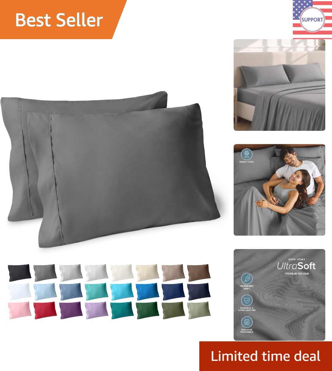 Luxury Microfiber Cooling Pillowcases Set of 2 - Standard/Queen Size in Grey