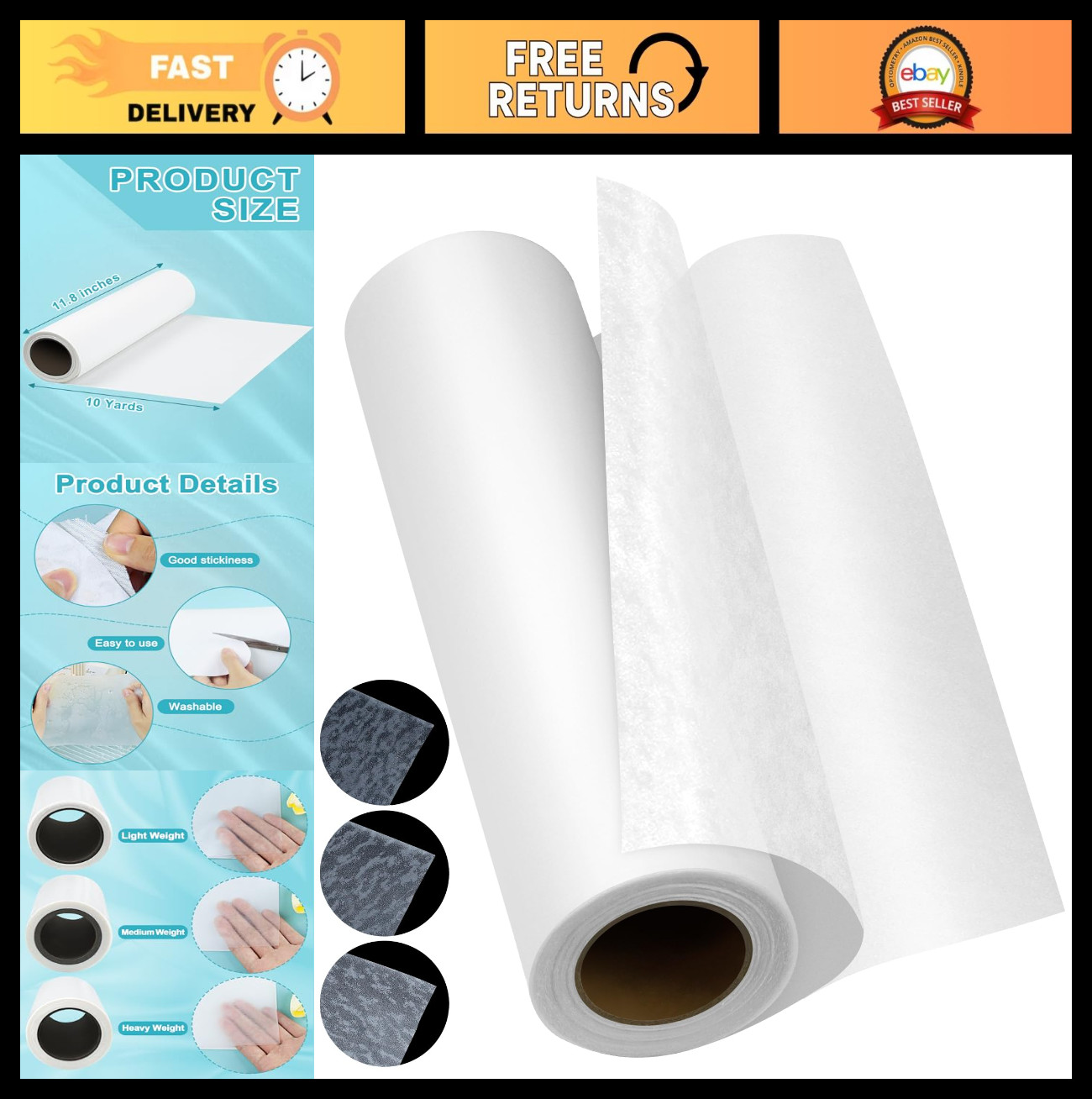 Double-Sided Iron-On Adhesive Film 11.8"x10 Yards - Heavyweight Fabric Glue Shee