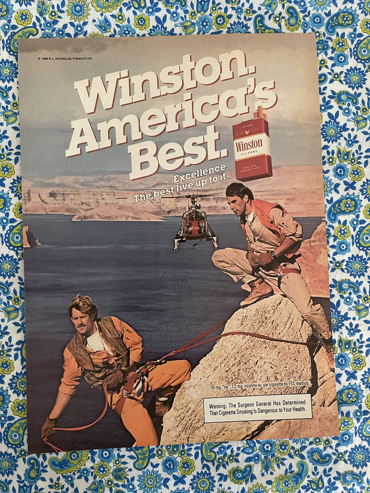 Vintage 1985 Winston Cigarettes Print Ad Rock Climbers Helicopter